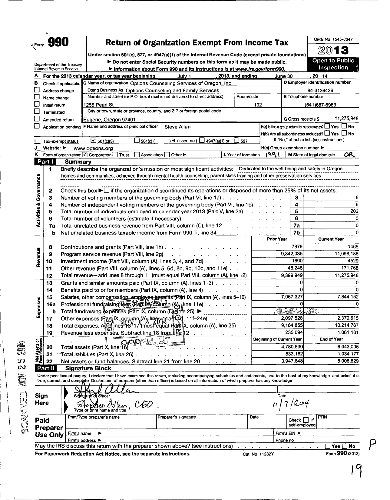 Image of first page of 2013 Form 990 for Options Counseling and Family Servic