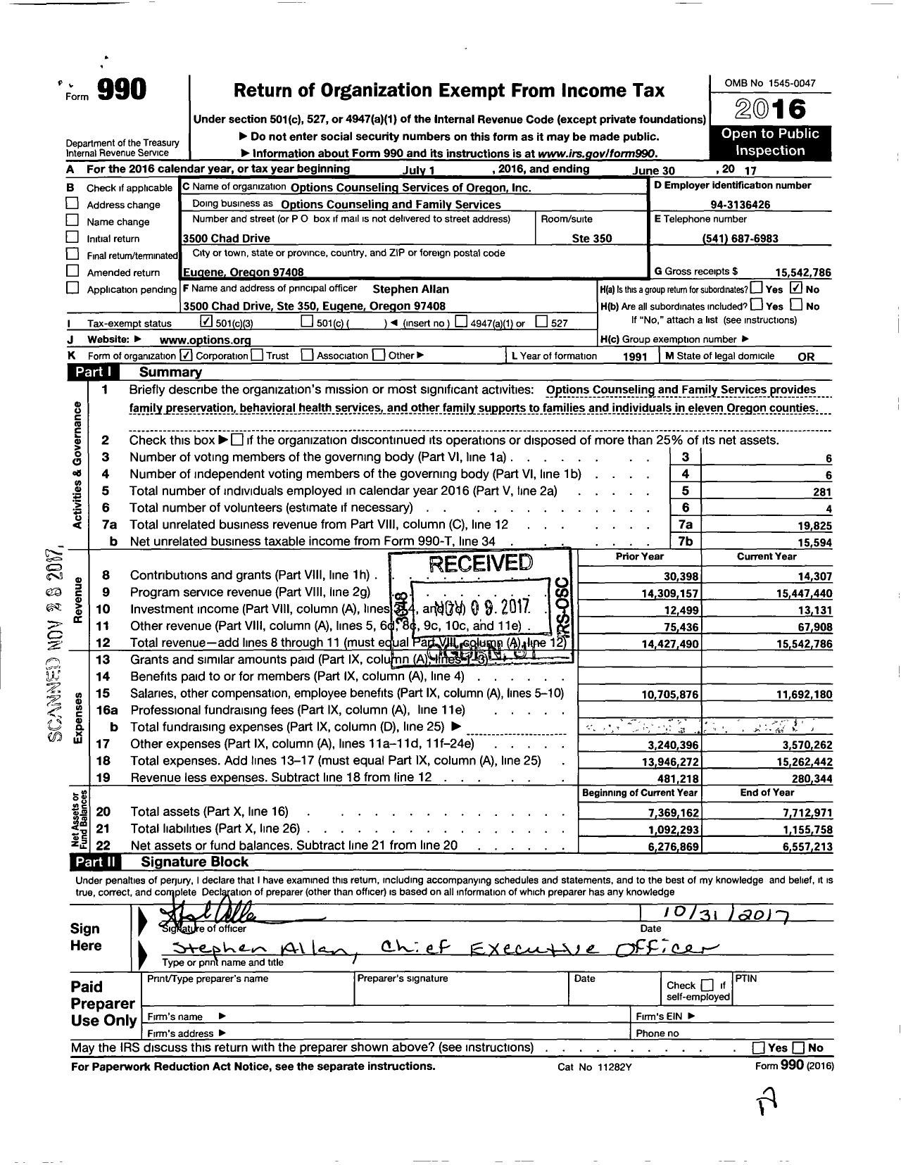 Image of first page of 2016 Form 990 for Options Counseling and Family Services