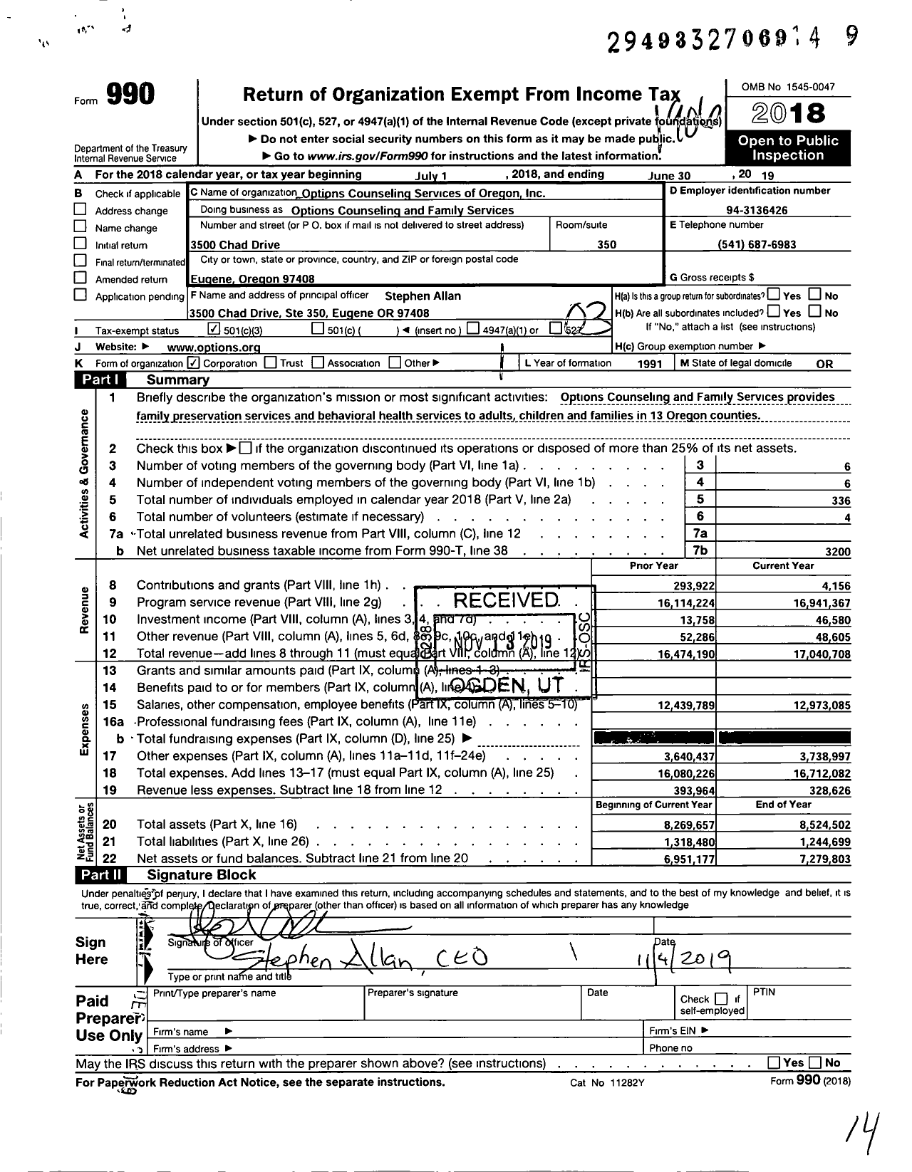 Image of first page of 2018 Form 990 for Options Counseling and Family Services