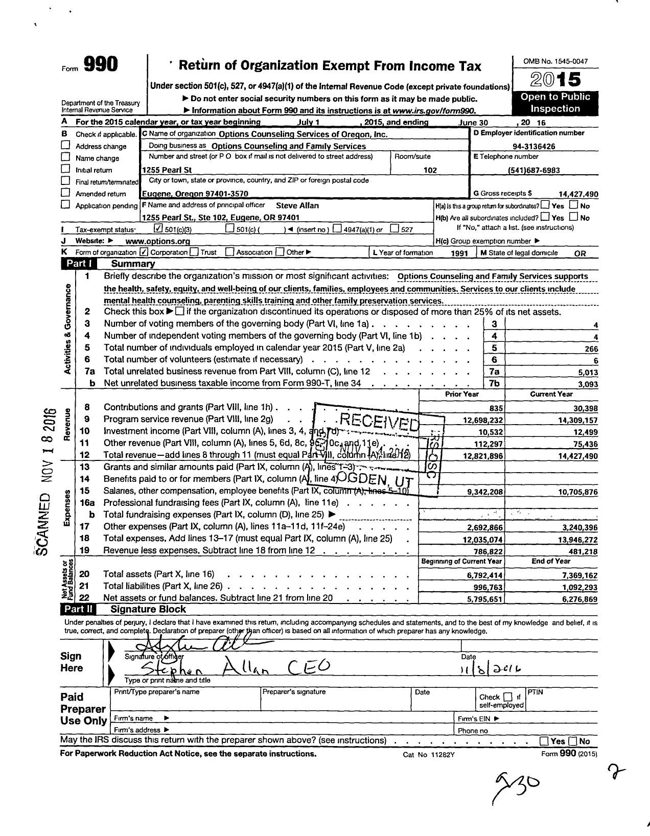Image of first page of 2015 Form 990 for Options Counseling and Family Services