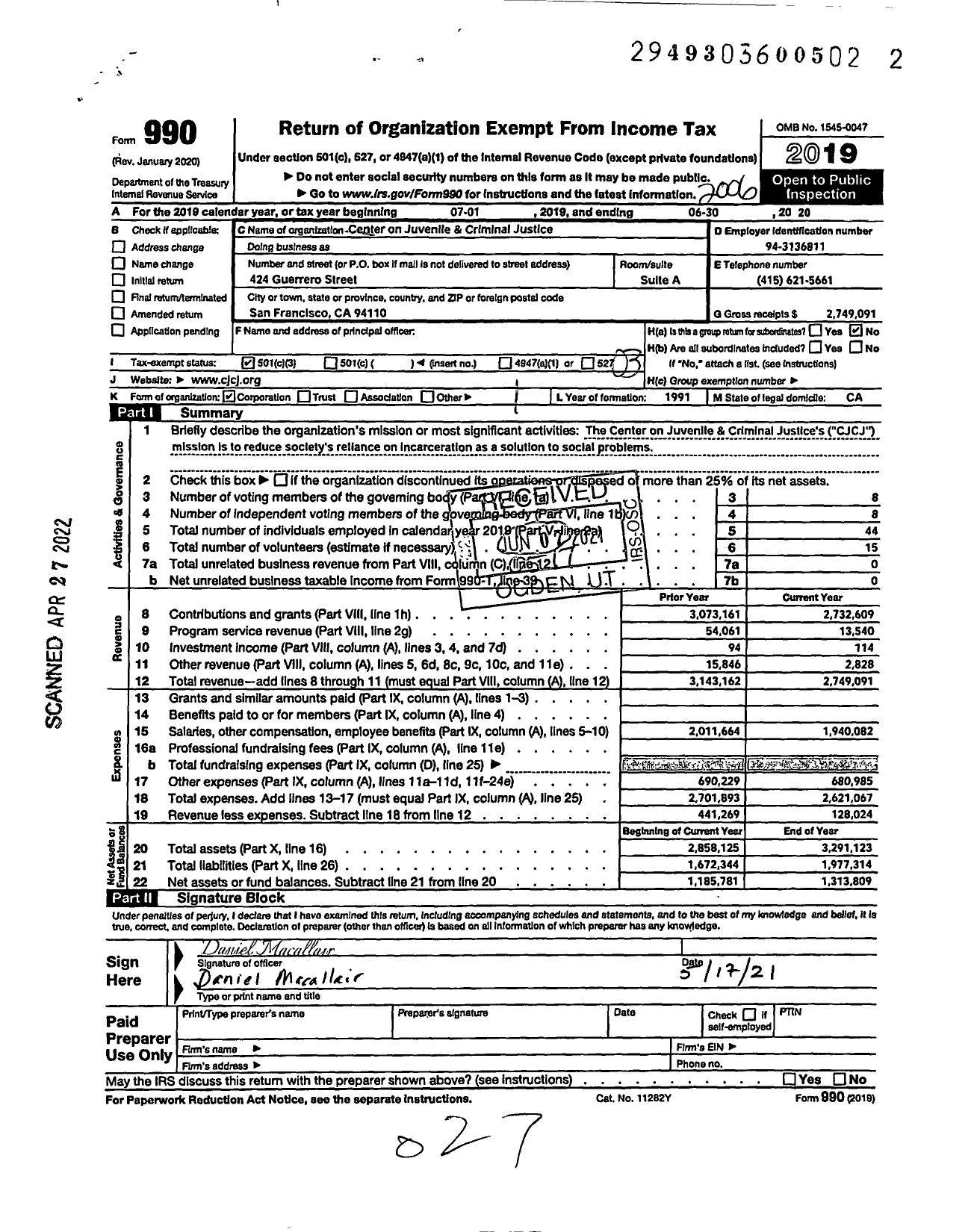 Image of first page of 2019 Form 990 for Center on Juvenile and Criminal Justice (CJCJ)