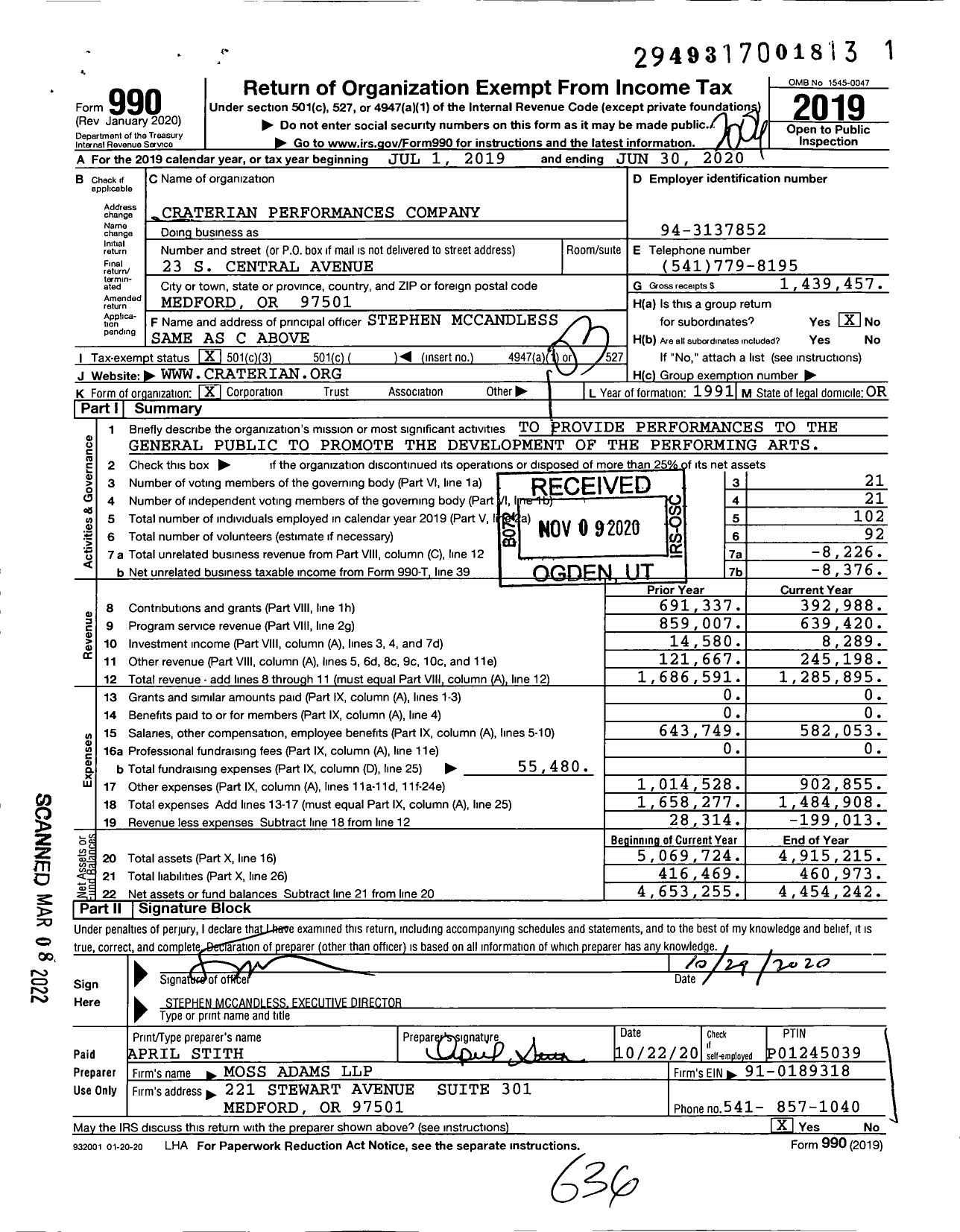 Image of first page of 2019 Form 990 for Craterian Performances Company