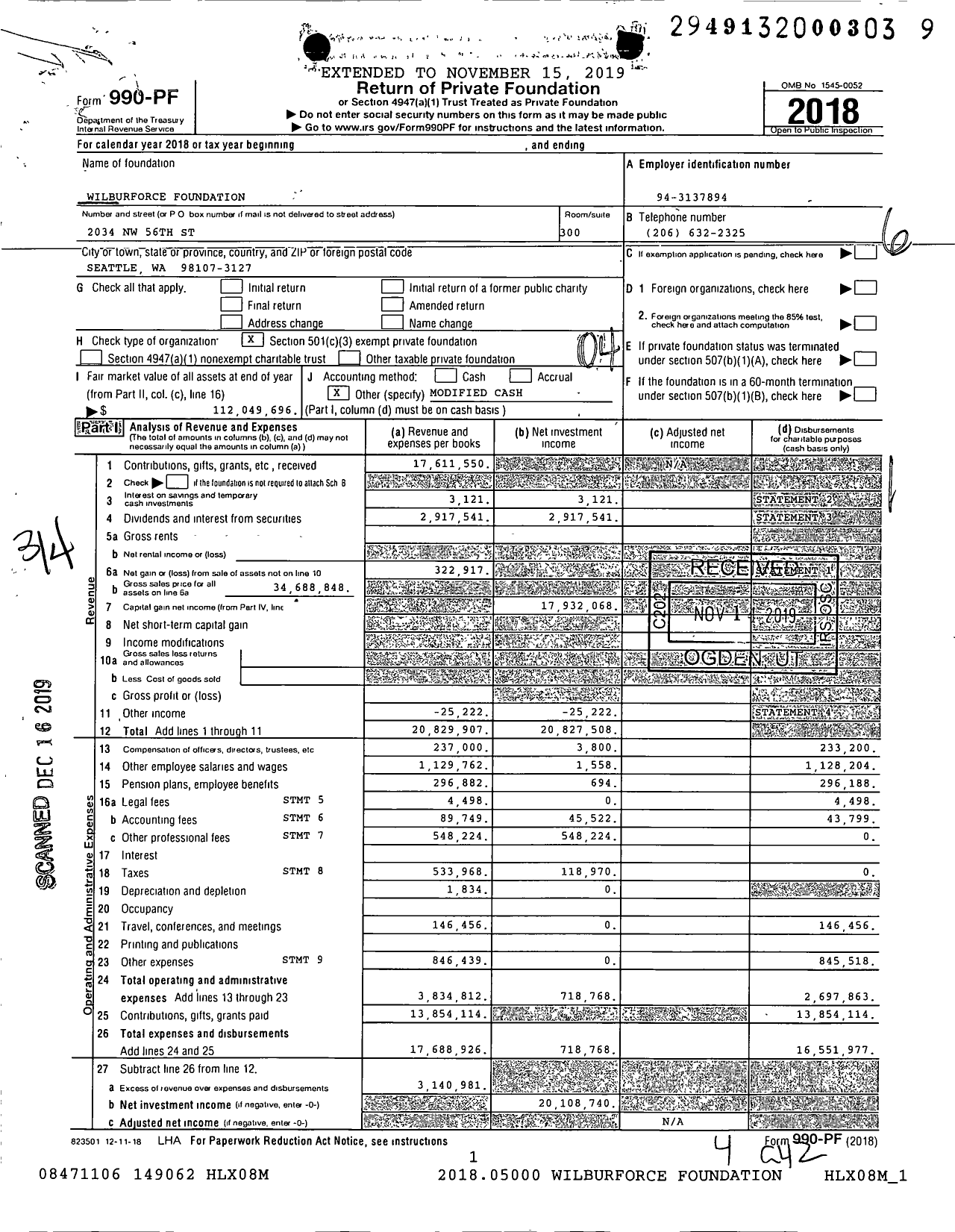 Image of first page of 2018 Form 990PF for Wilburforce Foundation