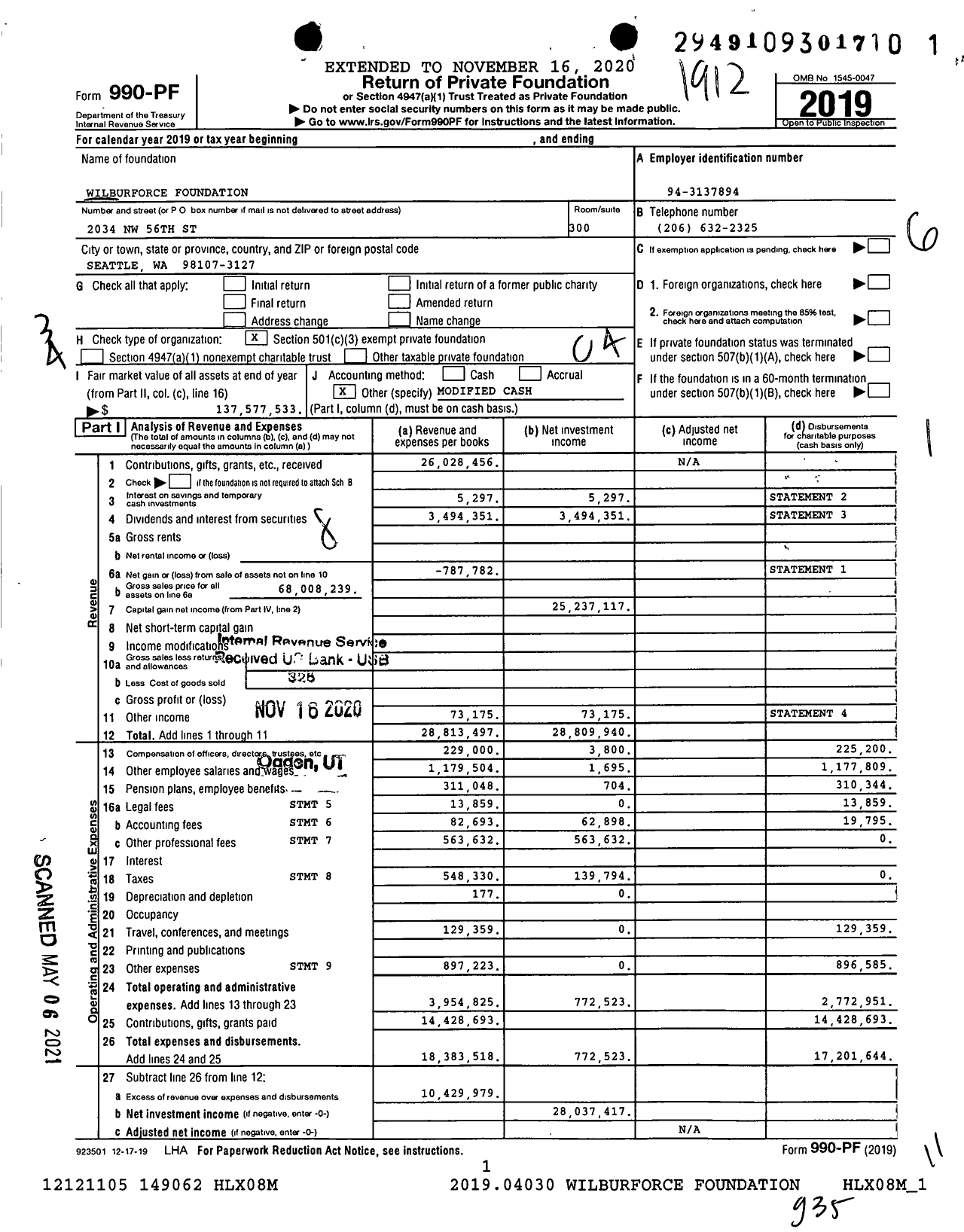 Image of first page of 2019 Form 990PF for Wilburforce Foundation