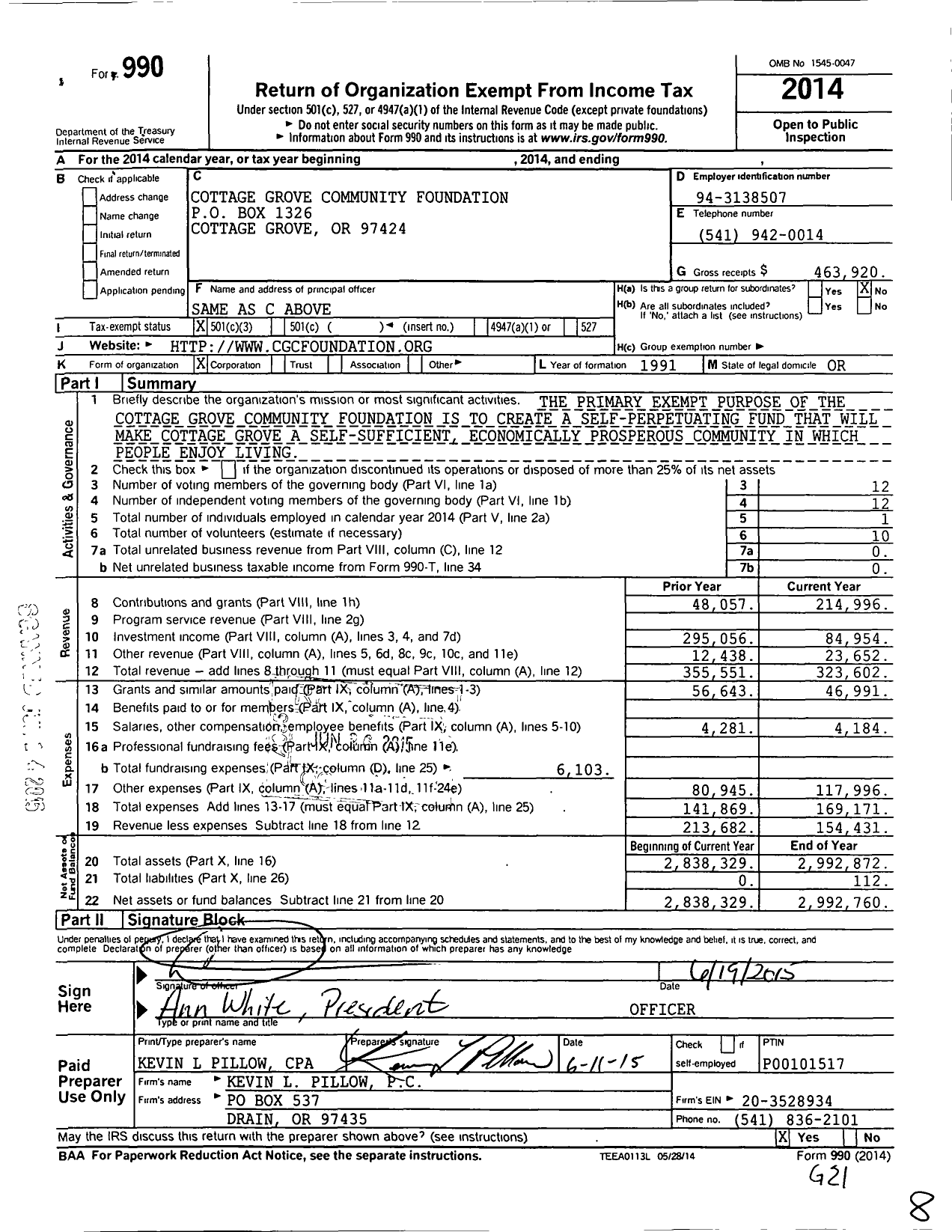 Image of first page of 2014 Form 990 for Cottage Grove Community Foundation