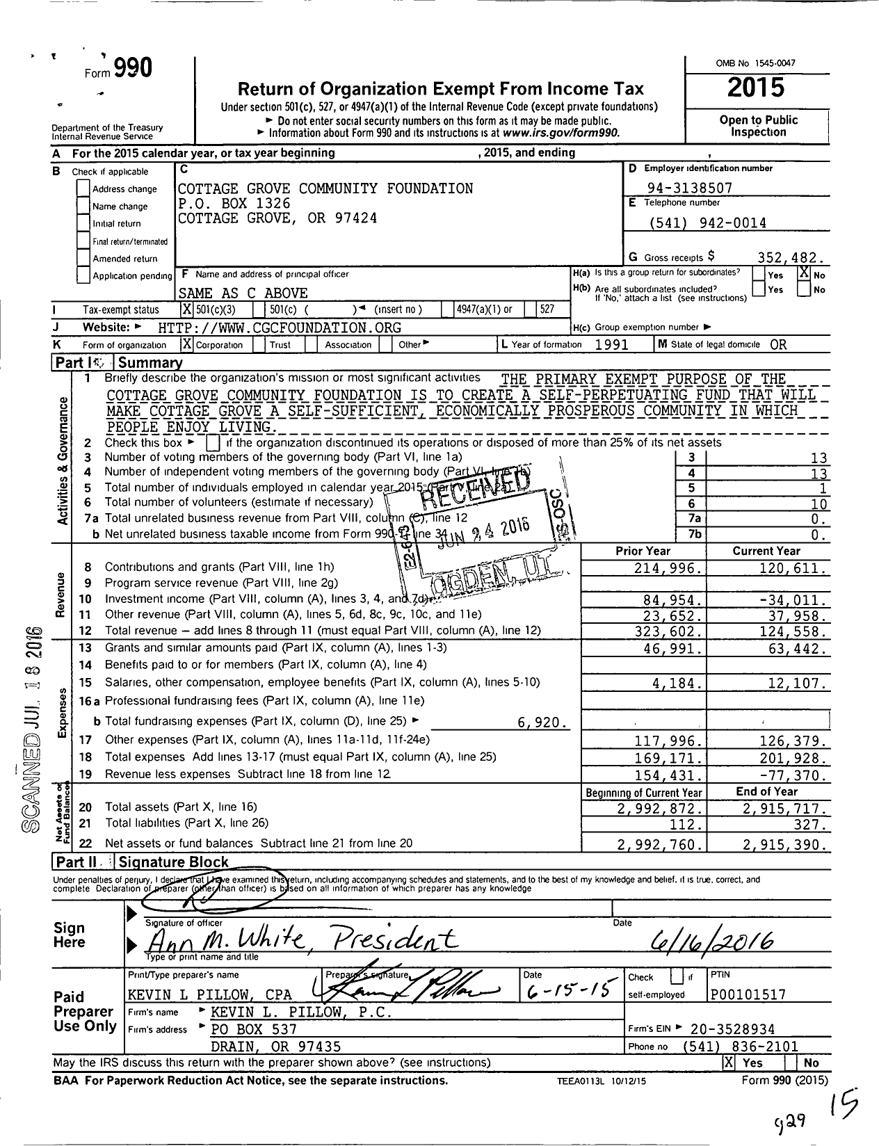 Image of first page of 2015 Form 990 for Cottage Grove Community Foundation