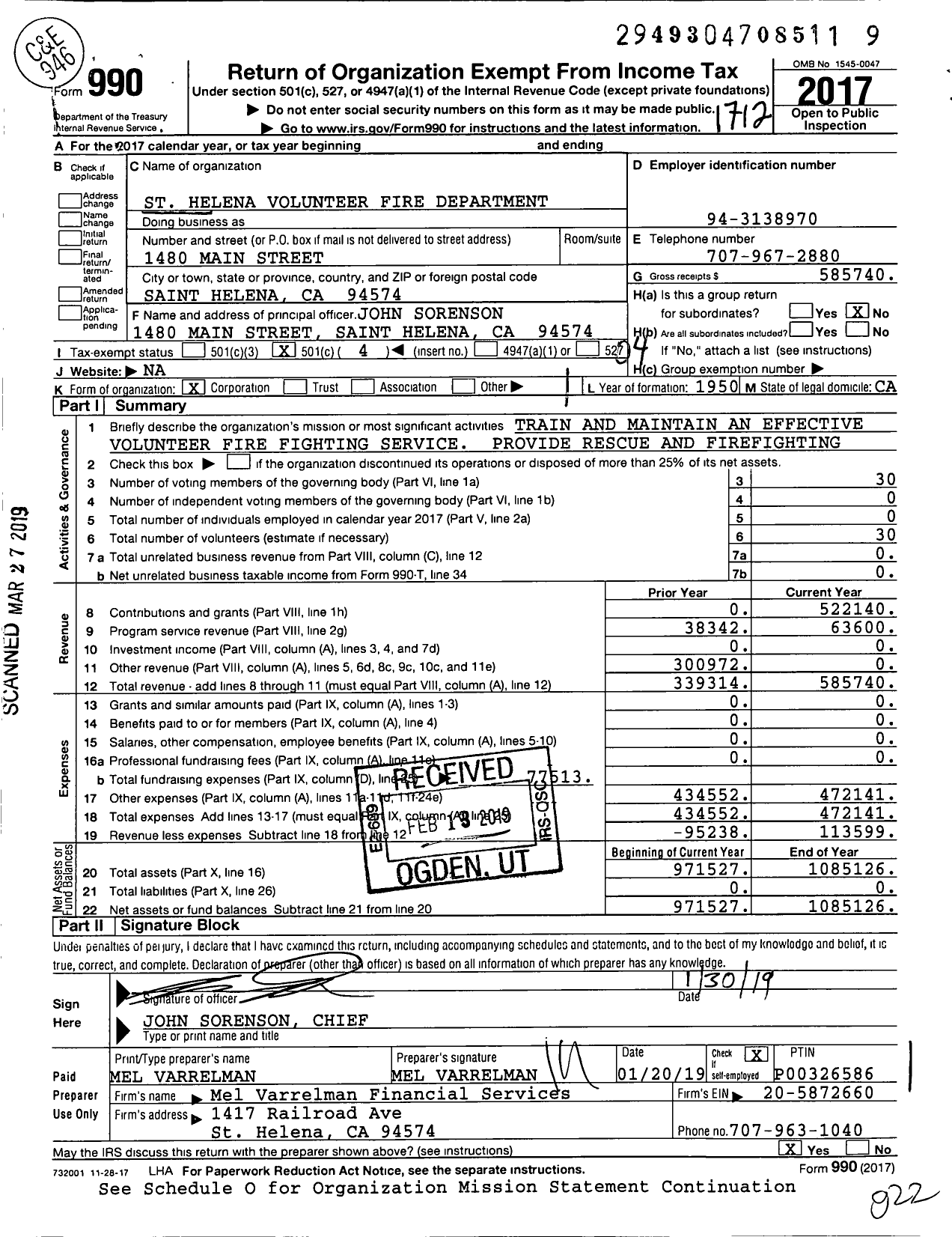 Image of first page of 2017 Form 990O for St Helena Volunteer Fire Department