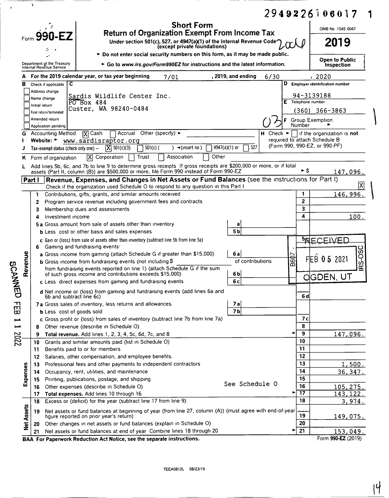 Image of first page of 2019 Form 990EZ for Sardis Wildlife Center