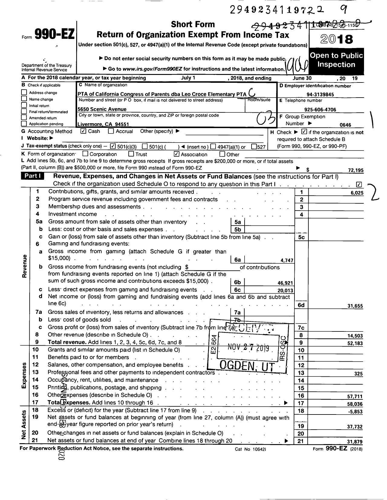 Image of first page of 2018 Form 990EZ for California State PTA - Leo Croce Elementary PTA