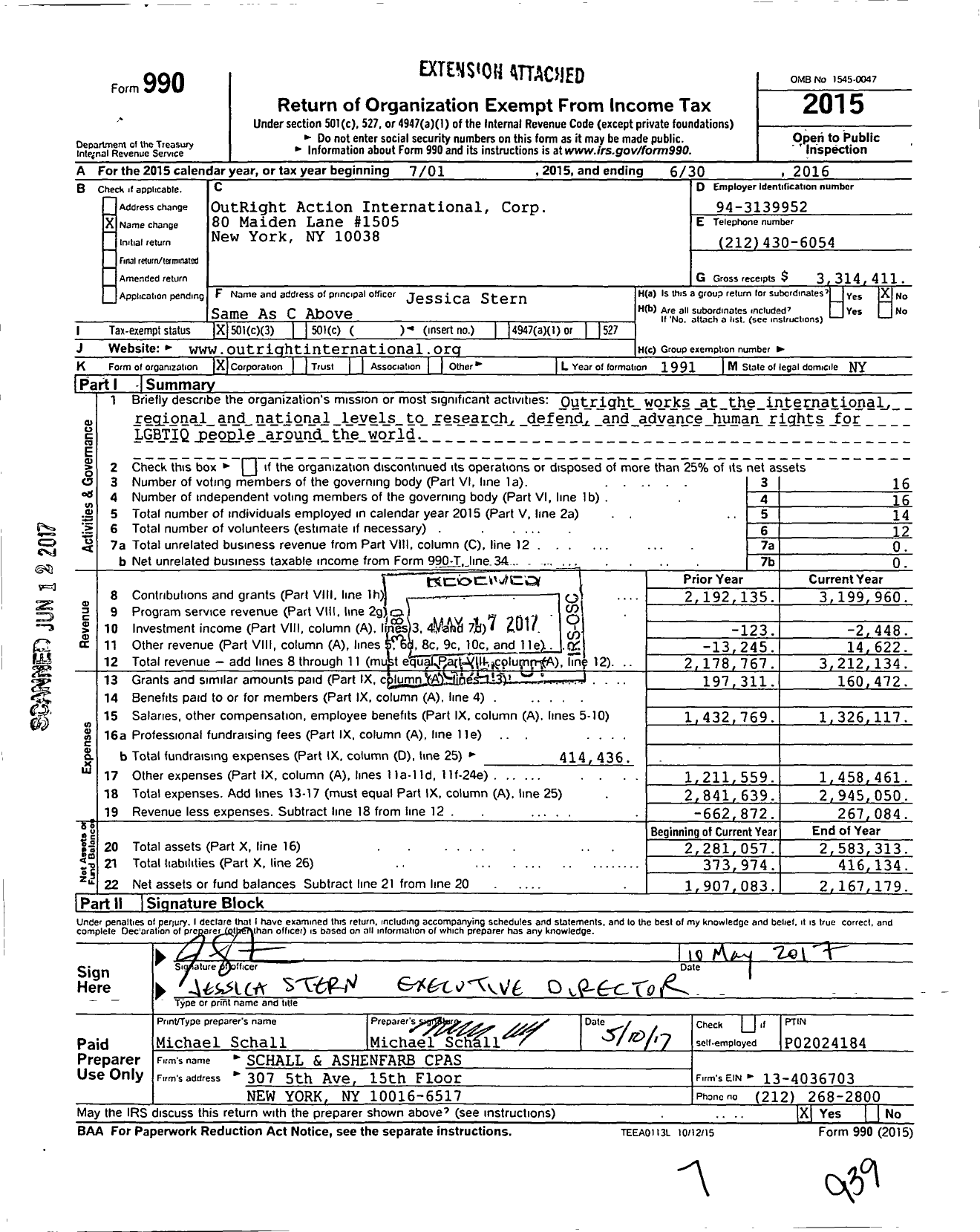 Image of first page of 2015 Form 990 for OutRight Action International Corp