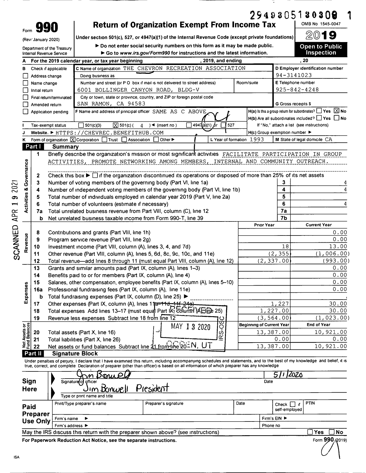 Image of first page of 2019 Form 990O for The Chevron Recreation Association