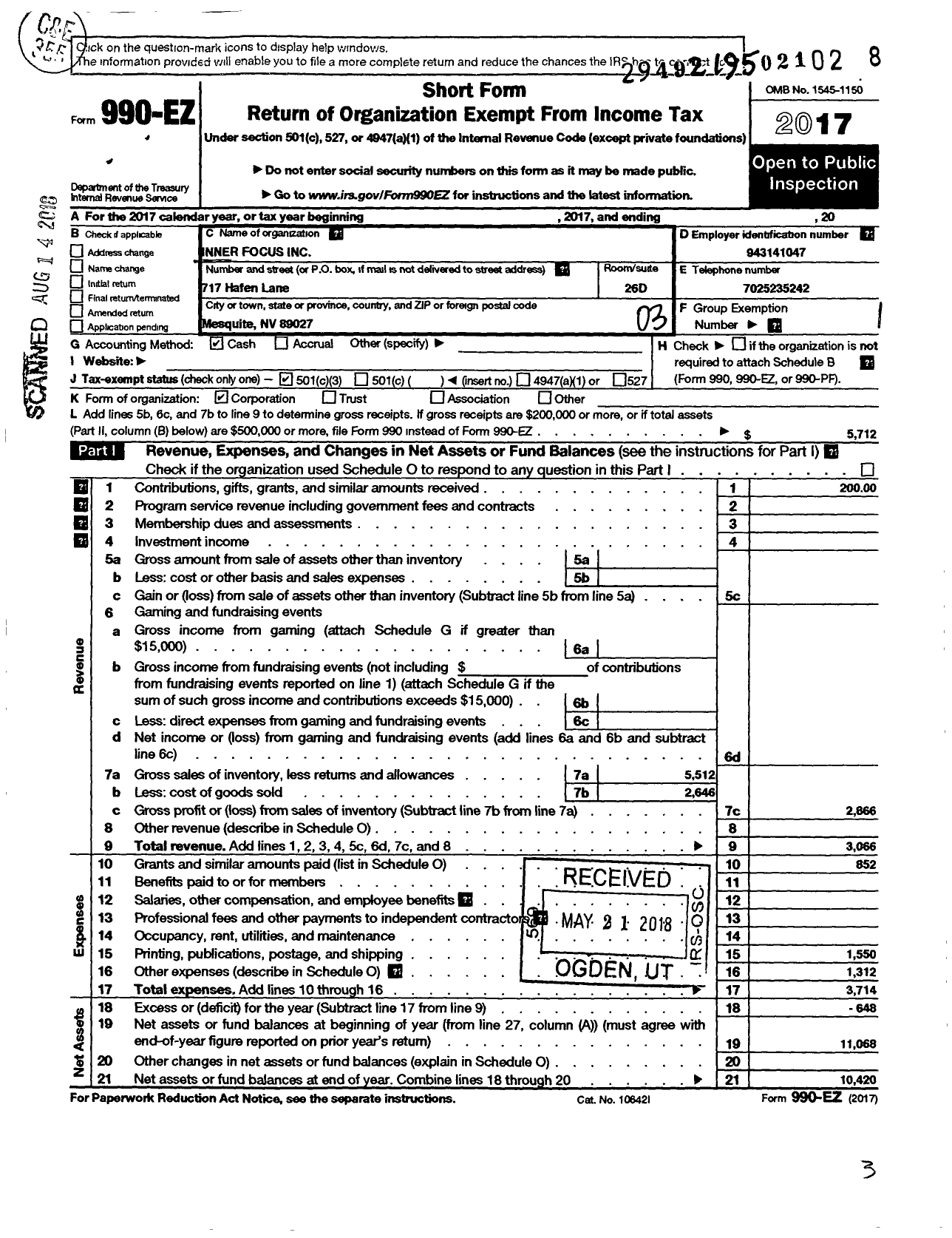 Image of first page of 2017 Form 990EZ for Inner Focus Church