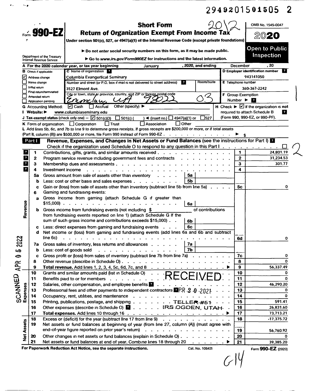 Image of first page of 2020 Form 990EZ for Columbia Evangelical Seminary