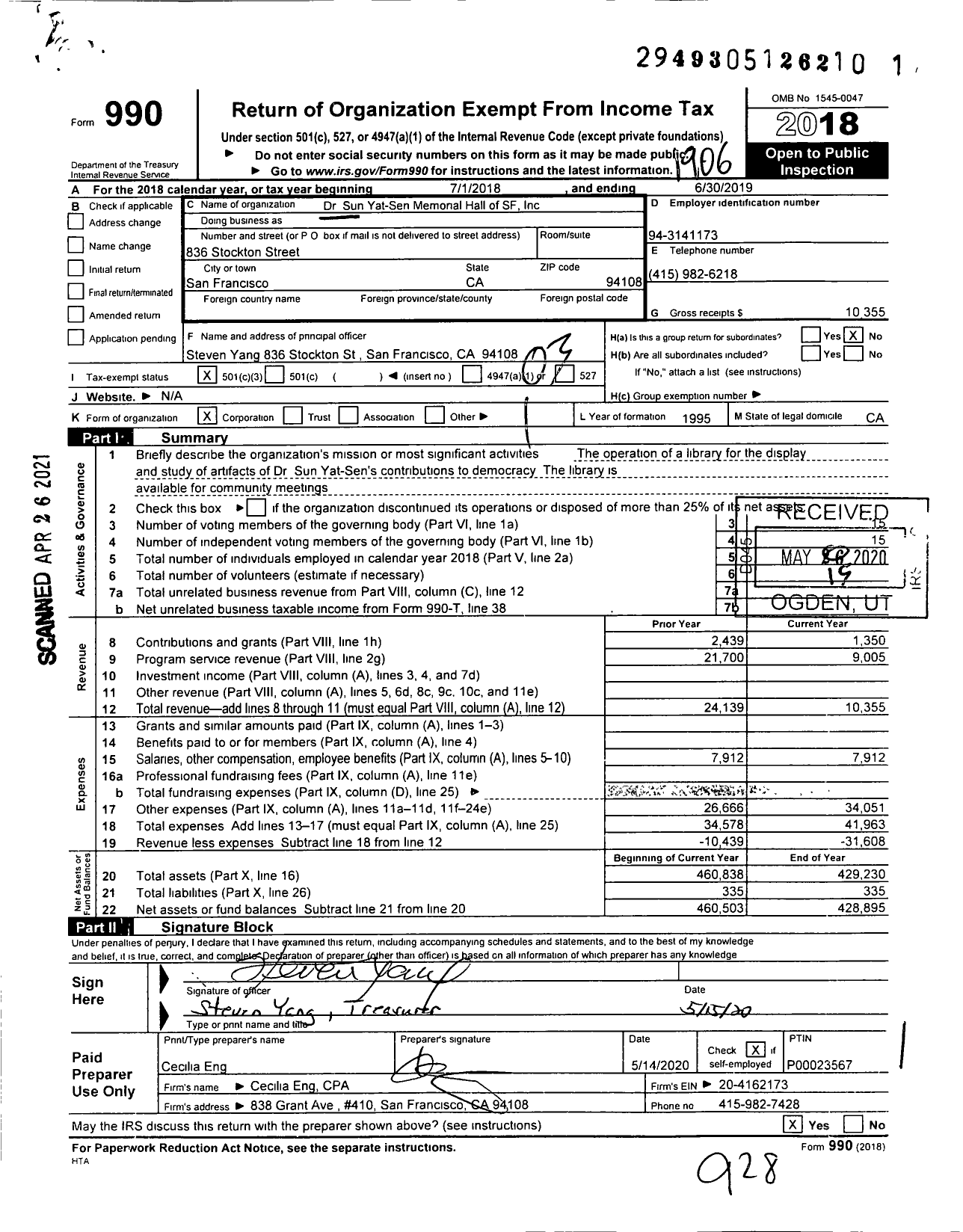 Image of first page of 2018 Form 990 for Dr Sun Yat-Sen Memorial Hall of San Francisco