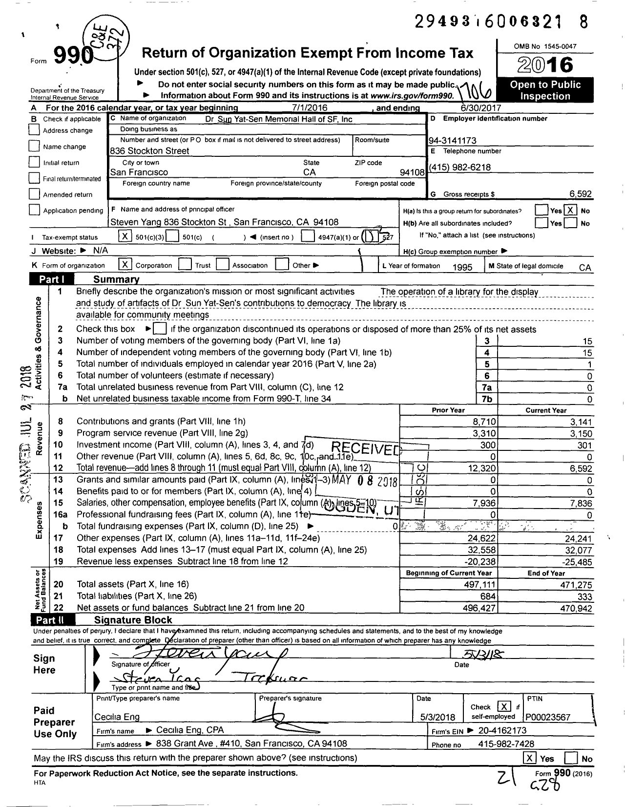 Image of first page of 2016 Form 990 for Dr Sun Yat-Sen Memorial Hall of San Francisco