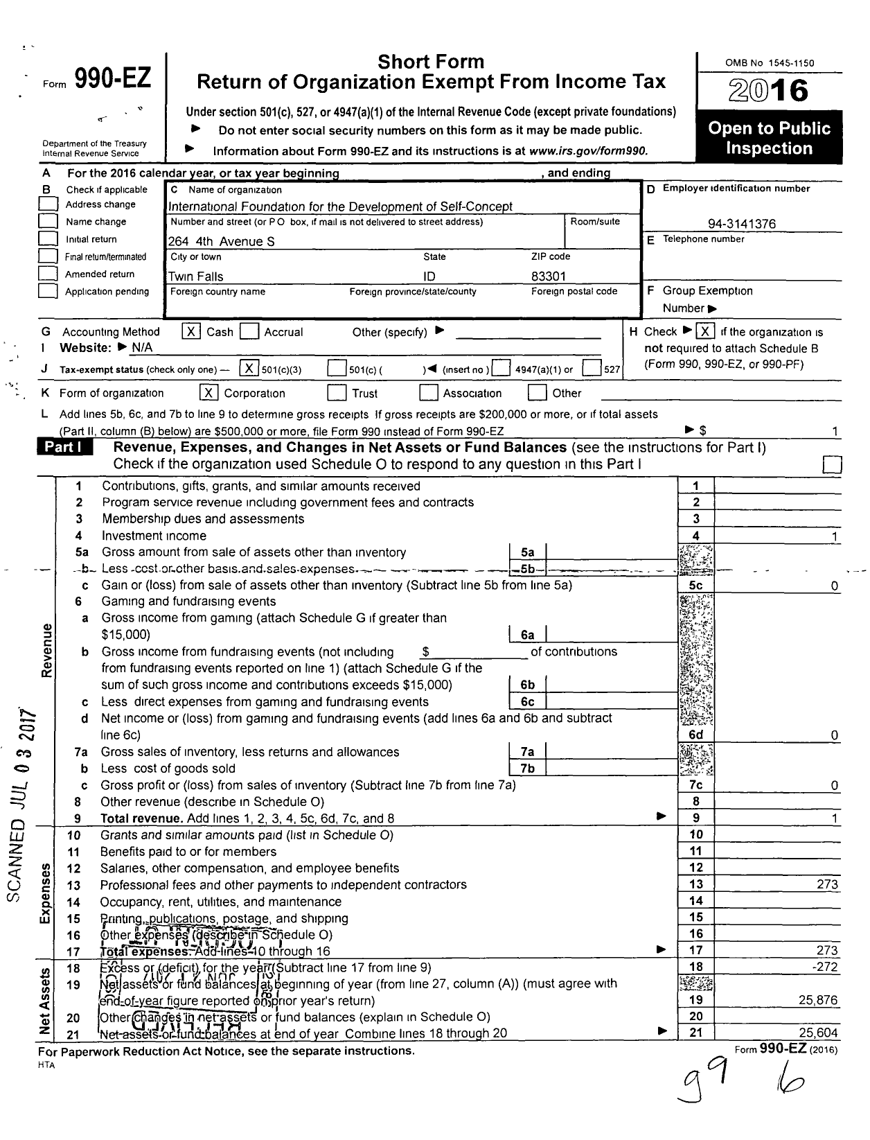 Image of first page of 2016 Form 990EZ for Intl Foundation Development Self-Concept