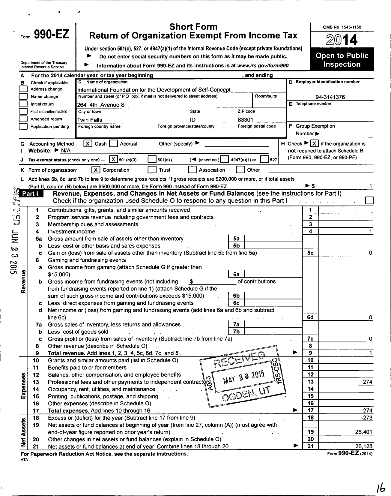 Image of first page of 2014 Form 990EZ for Intl Foundation Development Self-Concept