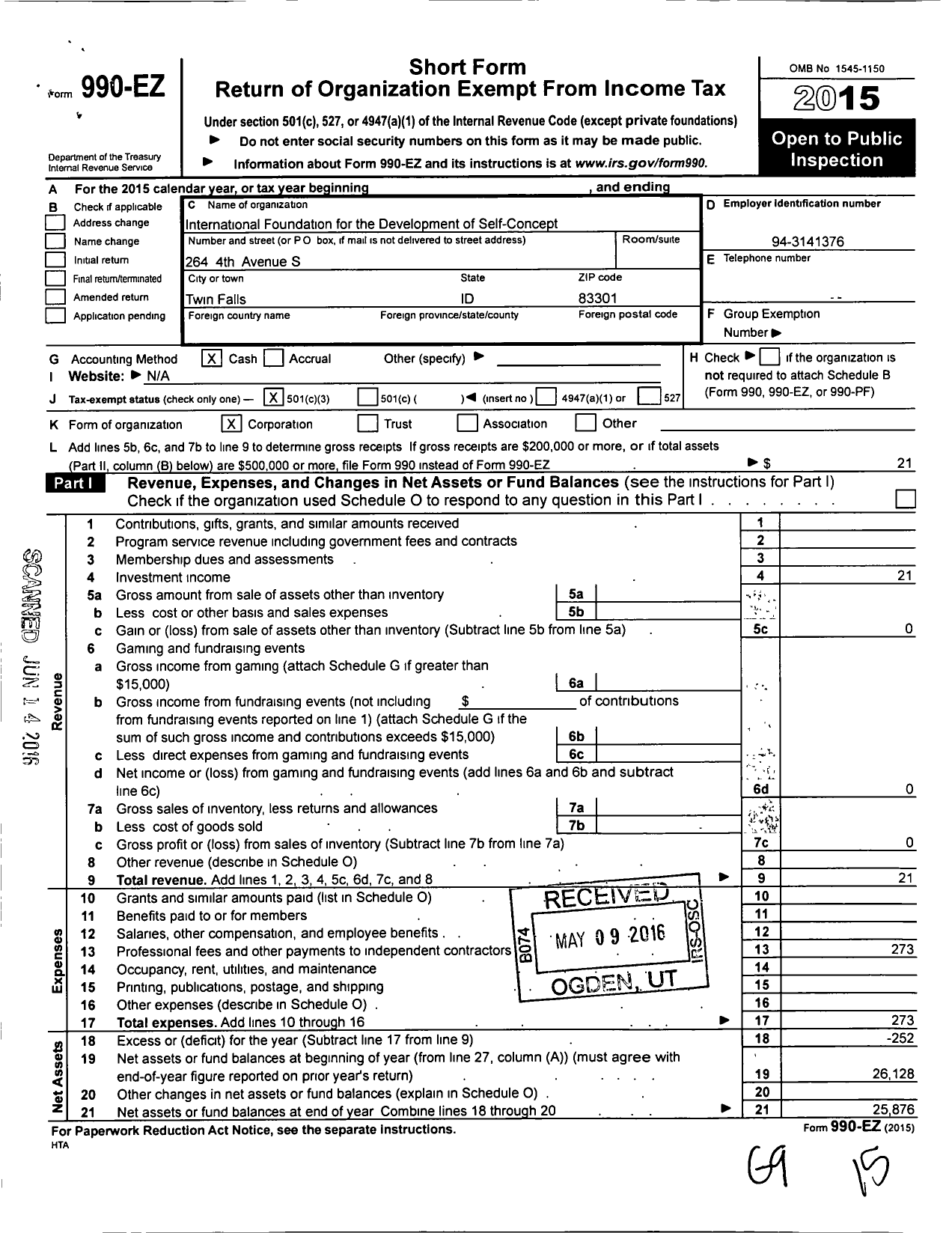 Image of first page of 2015 Form 990EZ for Intl Foundation Development Self-Concept