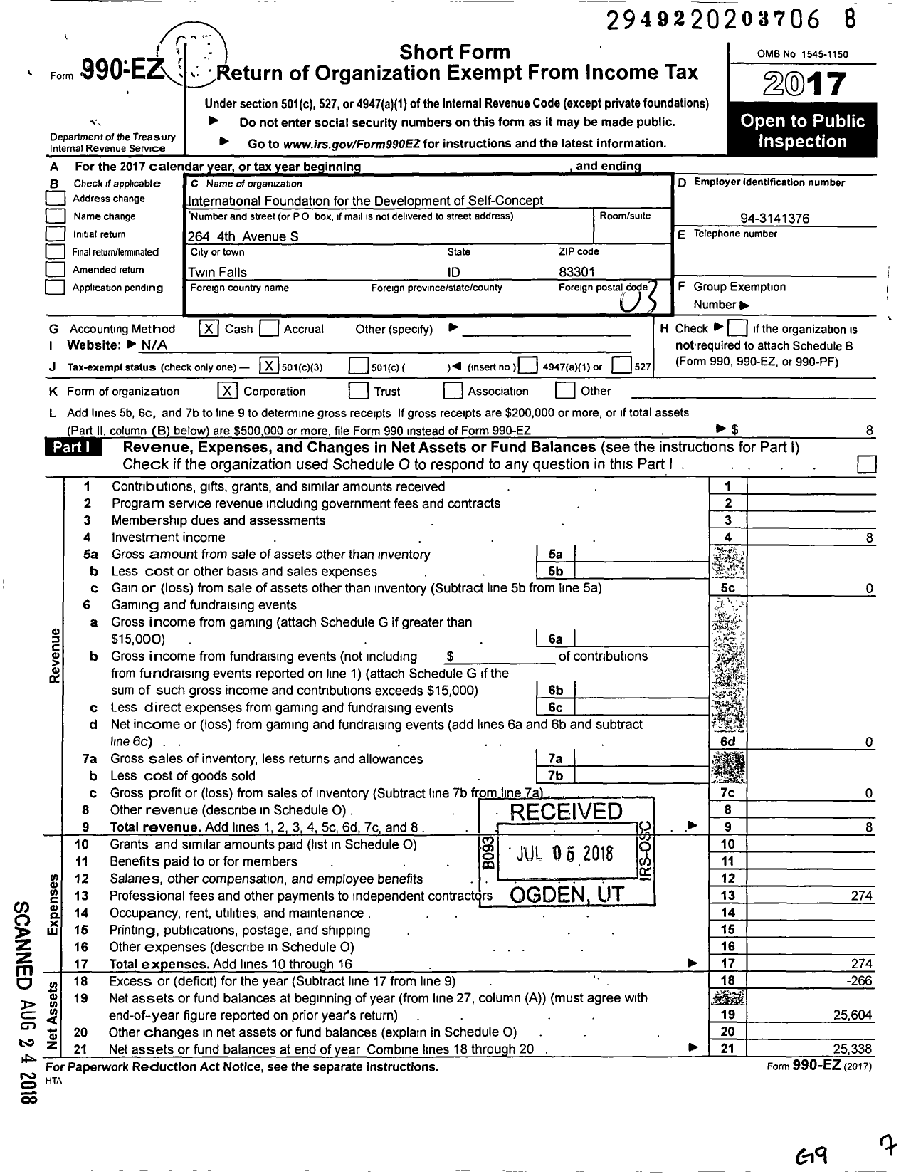 Image of first page of 2017 Form 990EZ for Intl Foundation Development Self-Concept