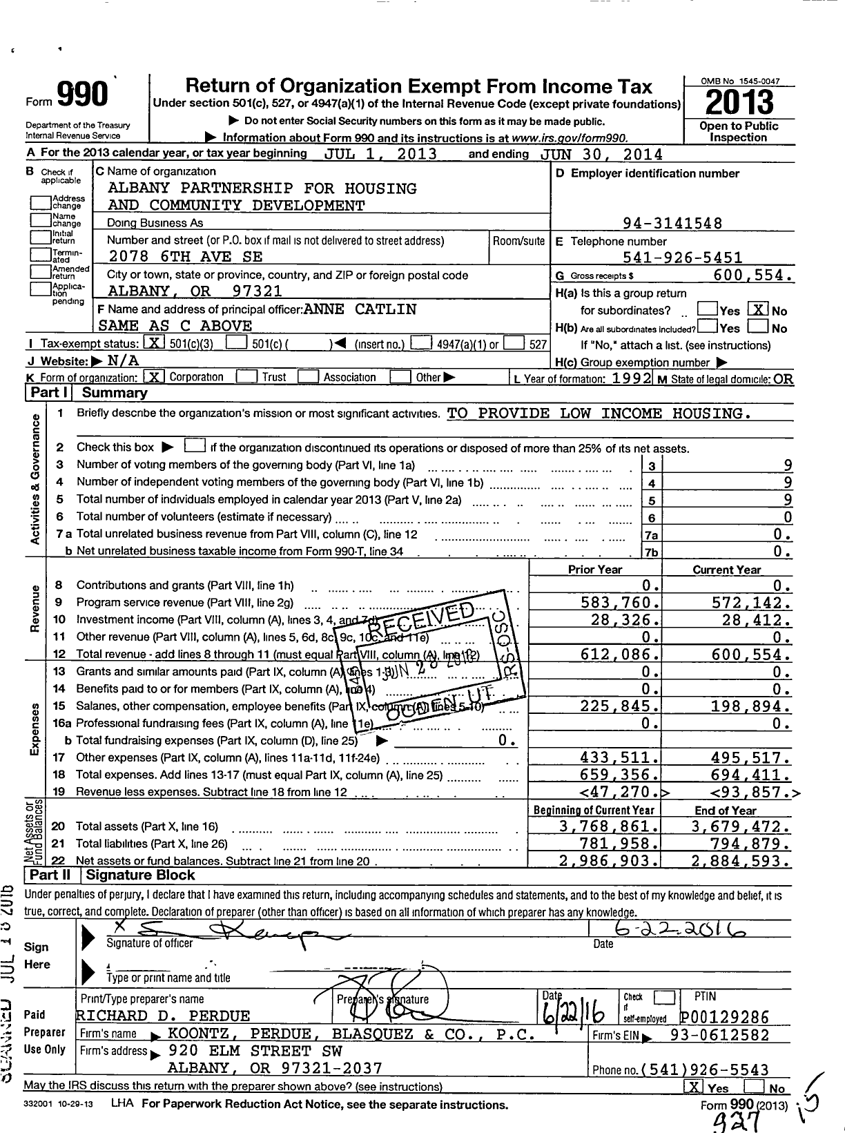 Image of first page of 2013 Form 990 for Albany Partnership for Housing and Community Development