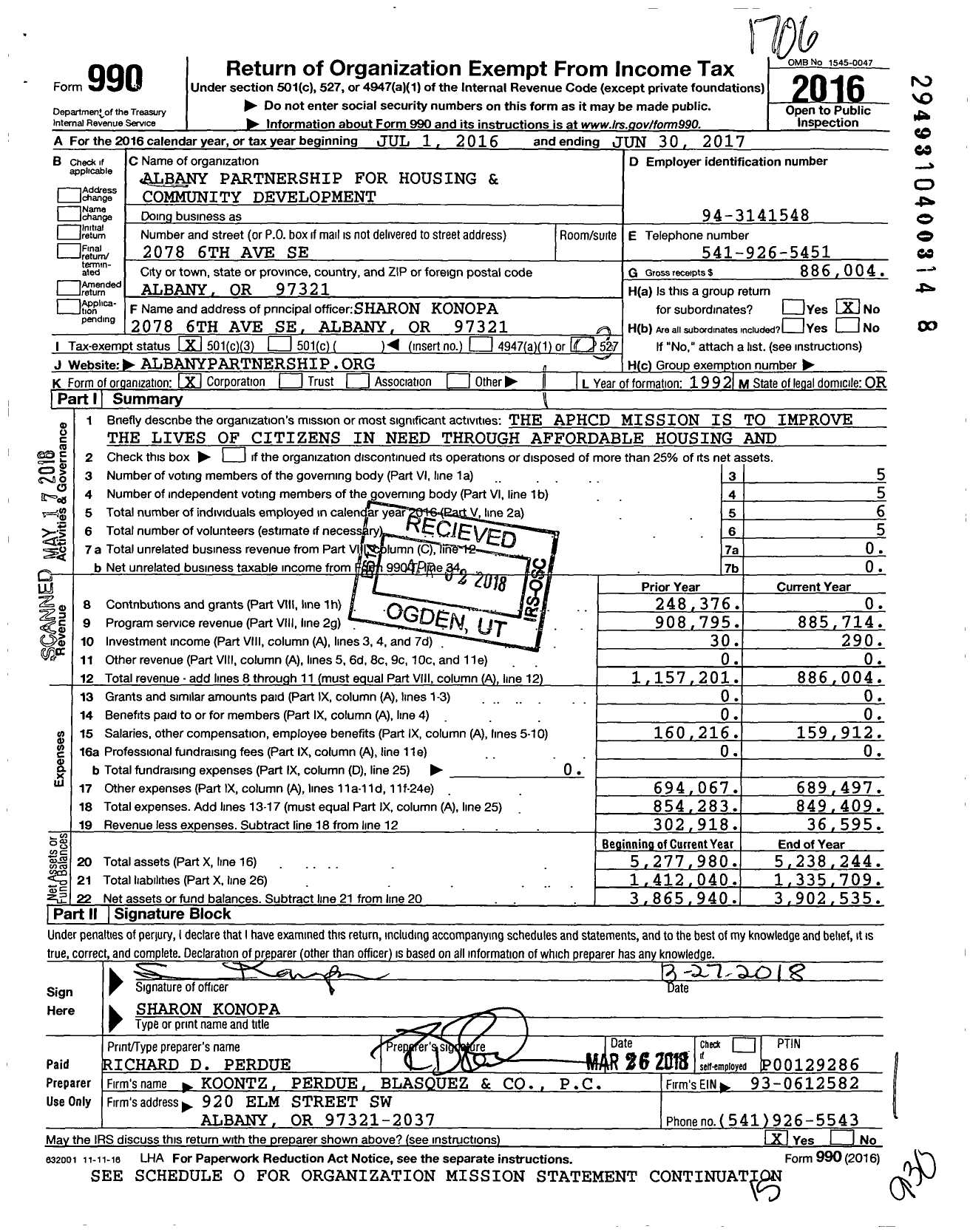 Image of first page of 2016 Form 990 for Albany Partnership for Housing and Community Development