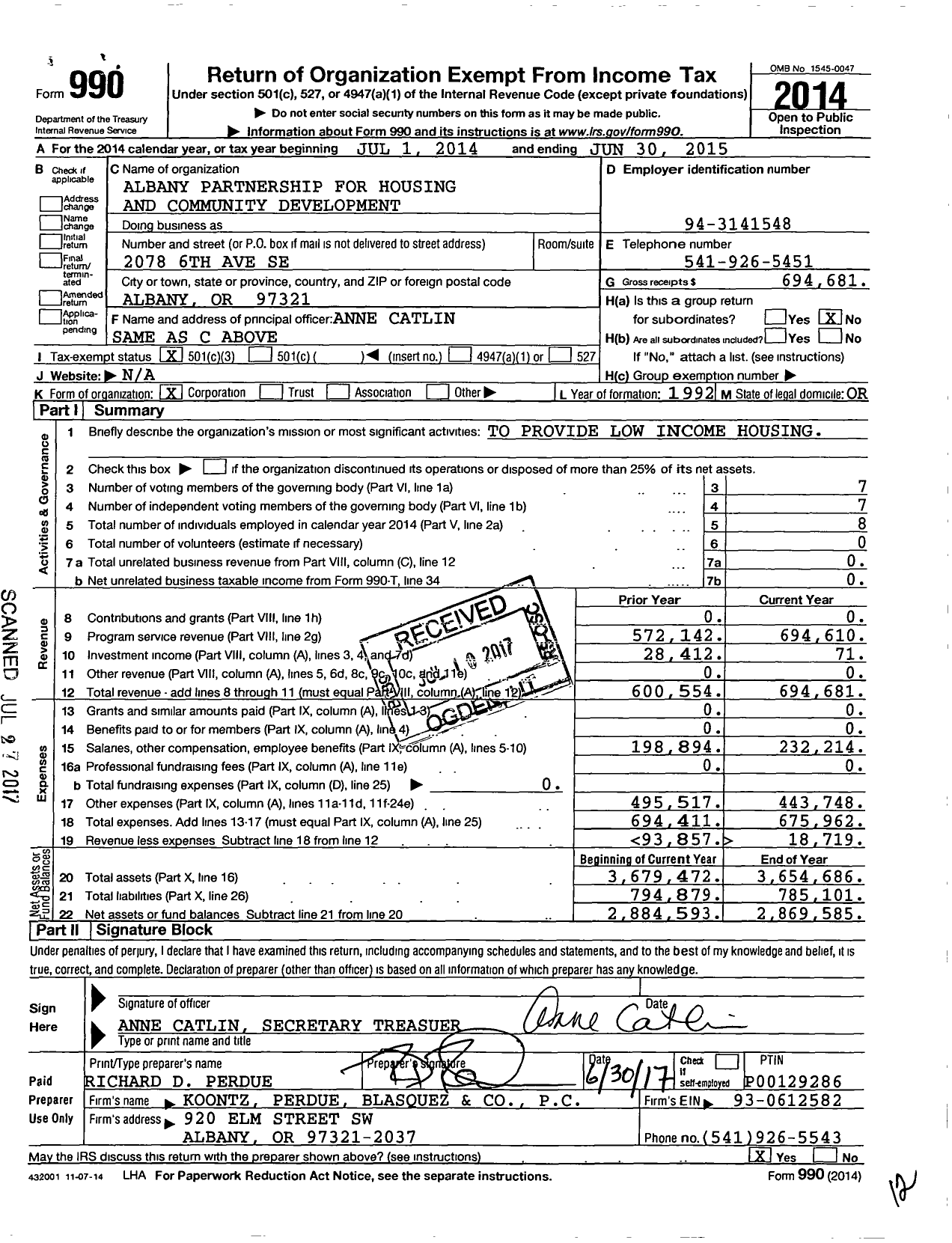 Image of first page of 2014 Form 990 for Albany Partnership for Housing and Community Development