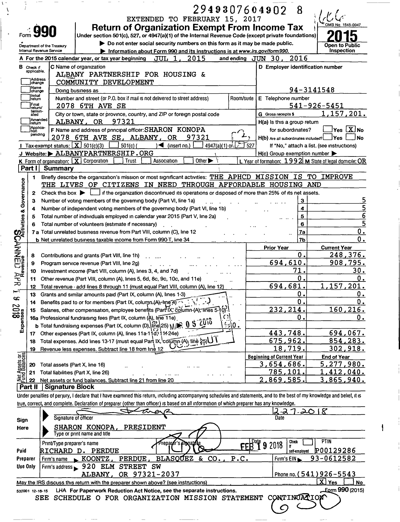 Image of first page of 2015 Form 990 for Albany Partnership for Housing and Community Development