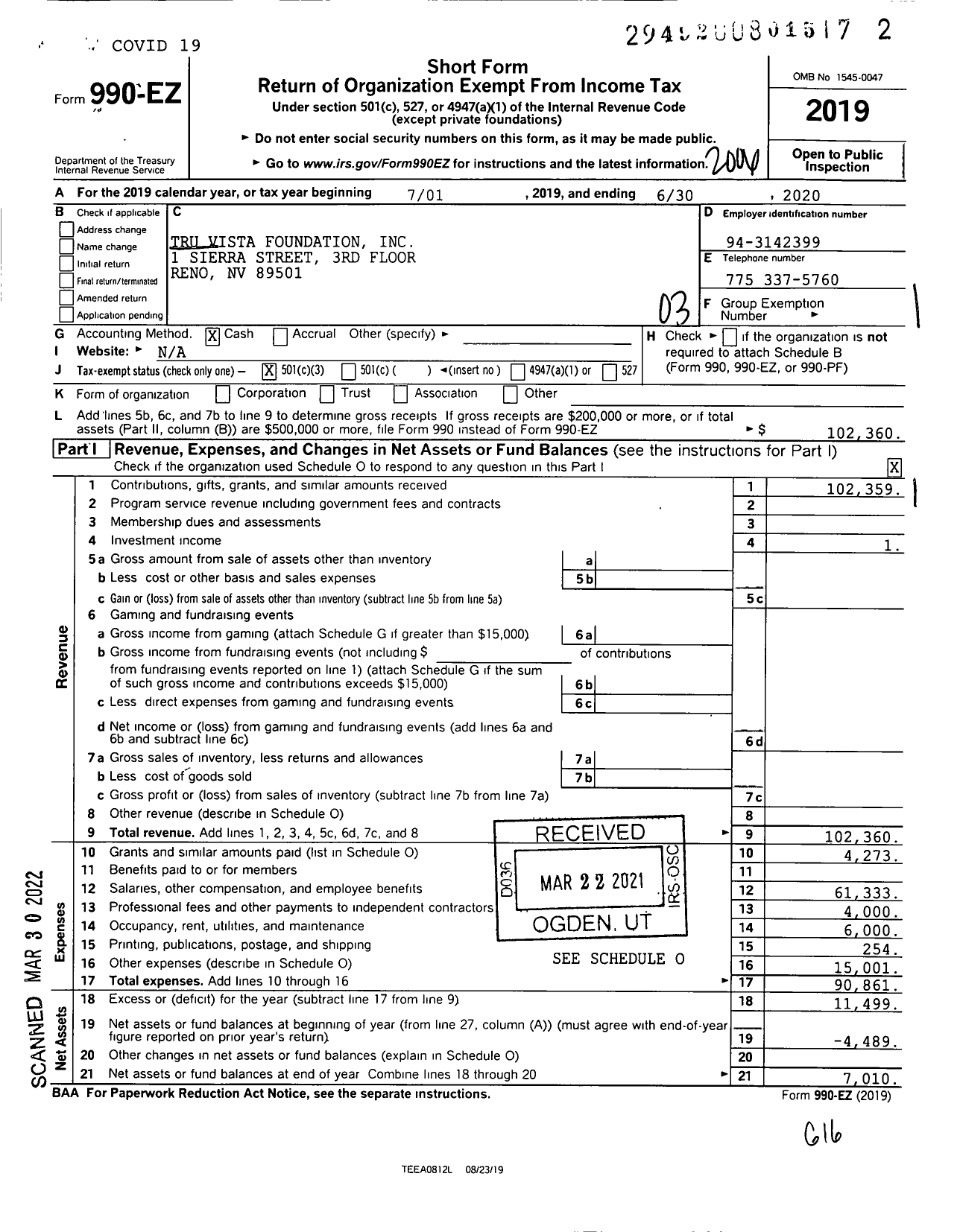 Image of first page of 2019 Form 990EZ for Tru Vista Foundation