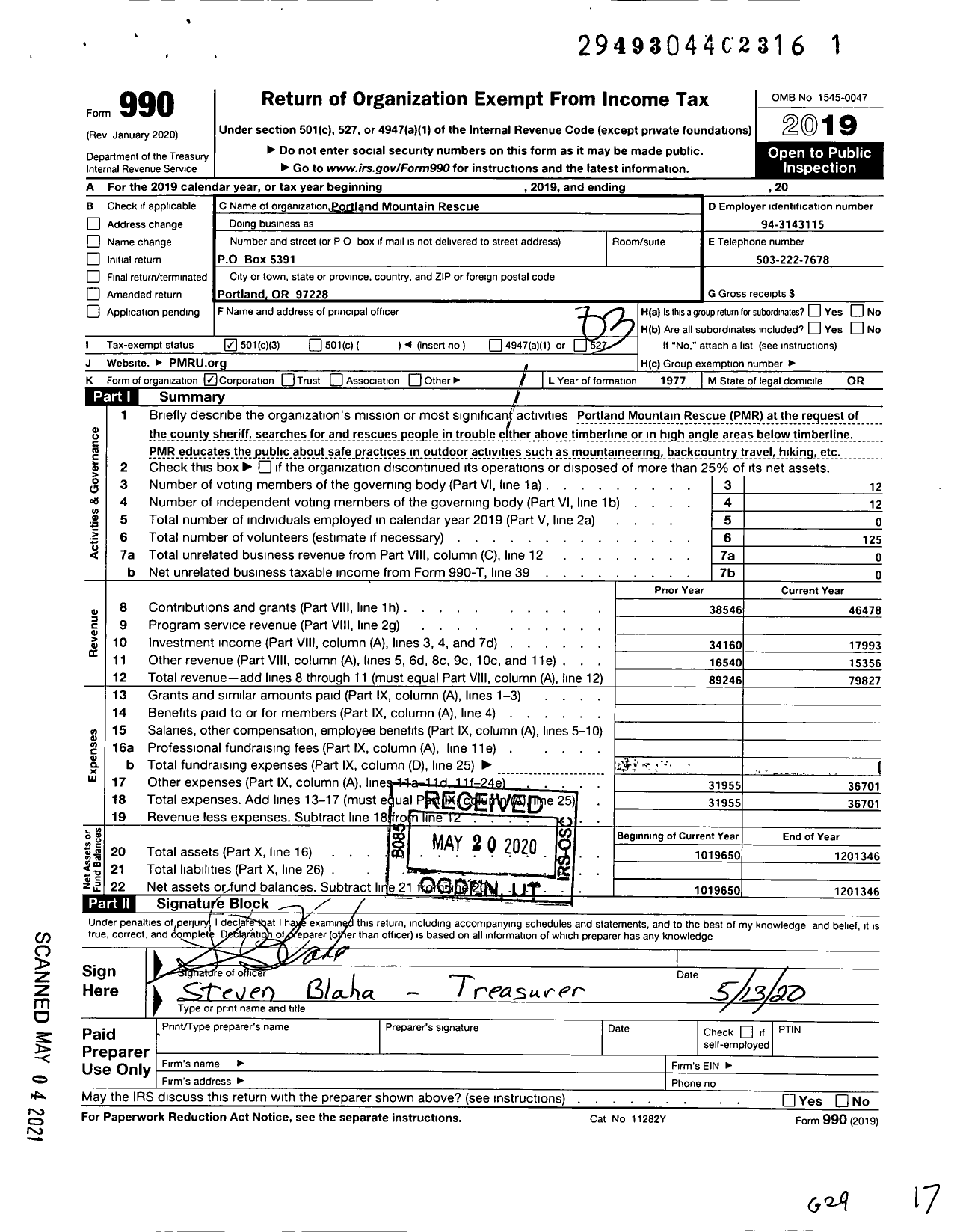 Image of first page of 2019 Form 990 for Portland Mountain Rescue