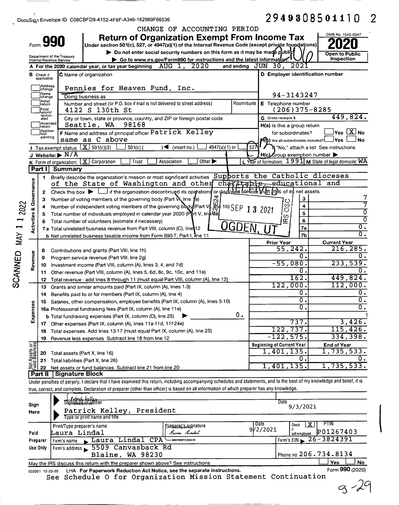 Image of first page of 2020 Form 990 for Pennies for Heaven Fund