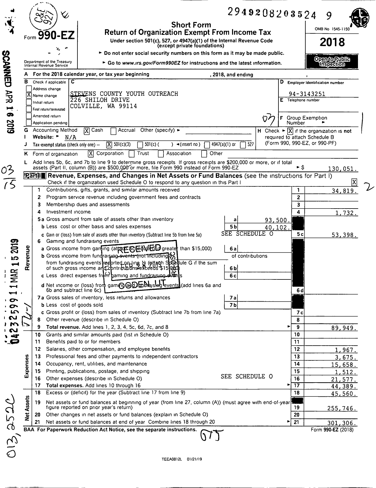 Image of first page of 2018 Form 990EZ for Stevens County Youth Outreach