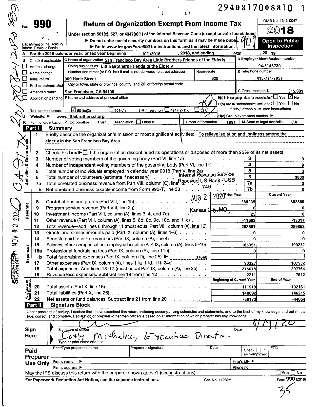 Image of first page of 2018 Form 990 for Little Brothers-Friends of the Elderly / San Francisco Bay Area Little Brothers - Friends of the Elderly