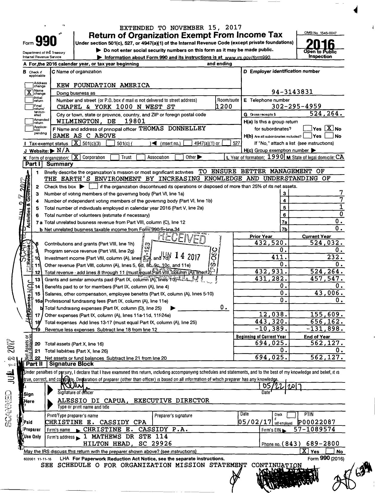 Image of first page of 2016 Form 990 for Kew Foundation America