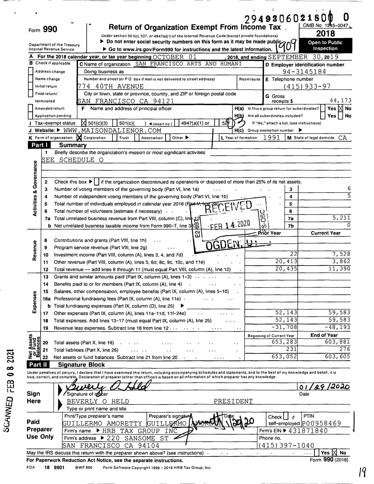 Image of first page of 2018 Form 990 for San Francisco Arts and Humanities