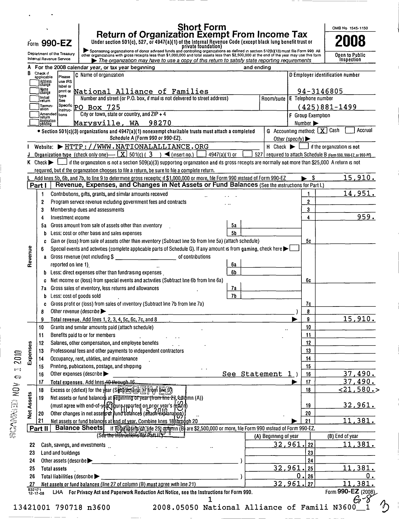 Image of first page of 2008 Form 990EZ for National Alliance of Families for the Return of Amer Missing Servmen