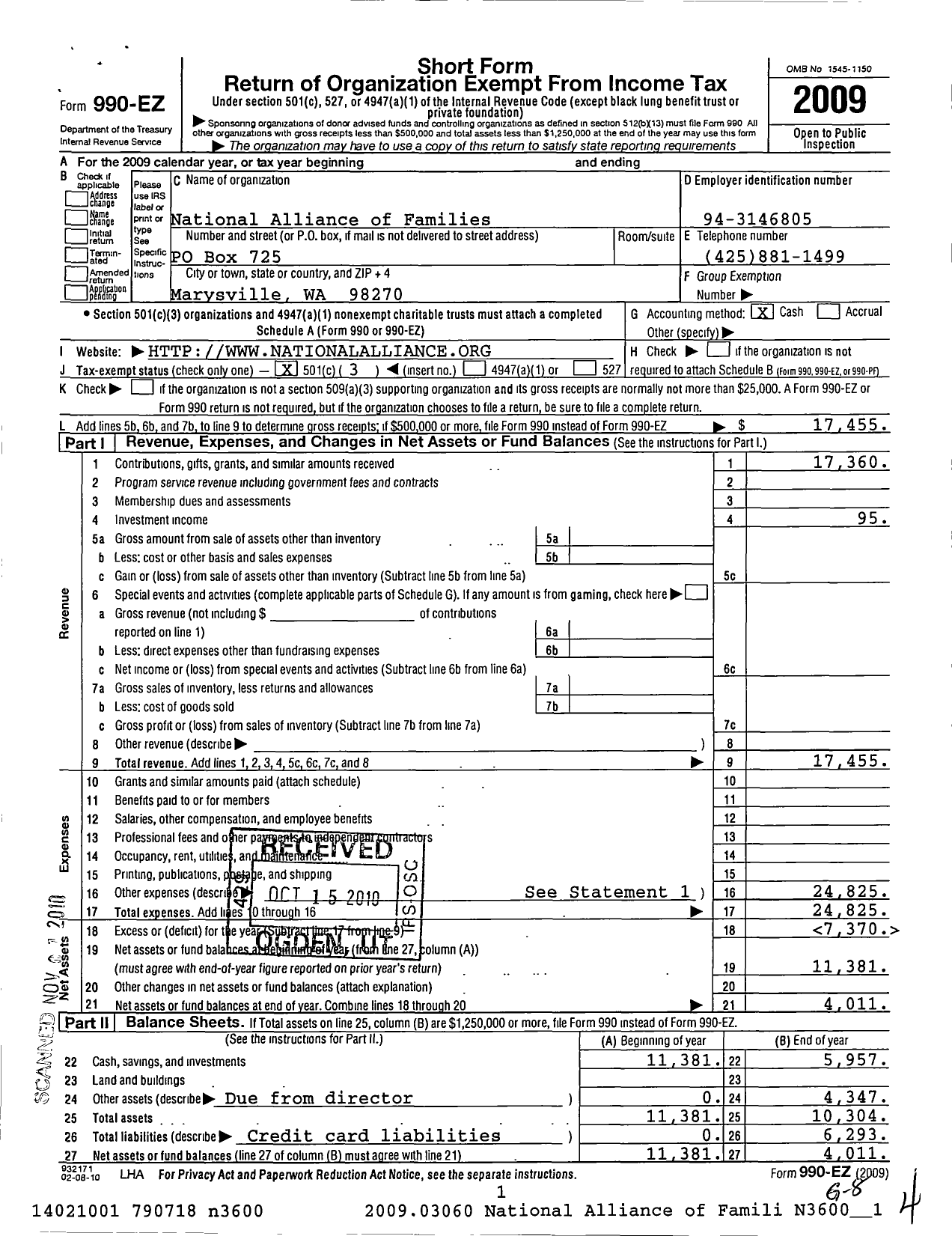 Image of first page of 2009 Form 990EZ for National Alliance of Families for the Return of Amer Missing Servmen