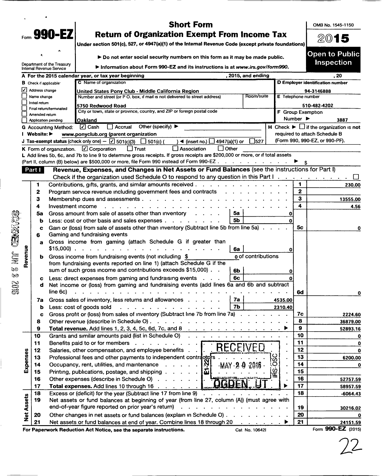 Image of first page of 2015 Form 990EZ for The United States Pony Clubs / Middle California Region