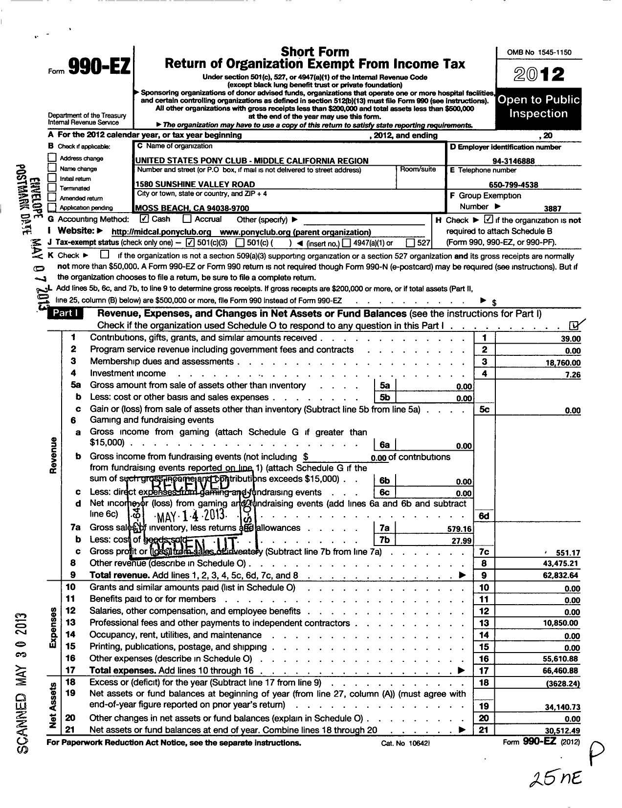 Image of first page of 2012 Form 990EZ for The United States Pony Clubs / Middle California Region