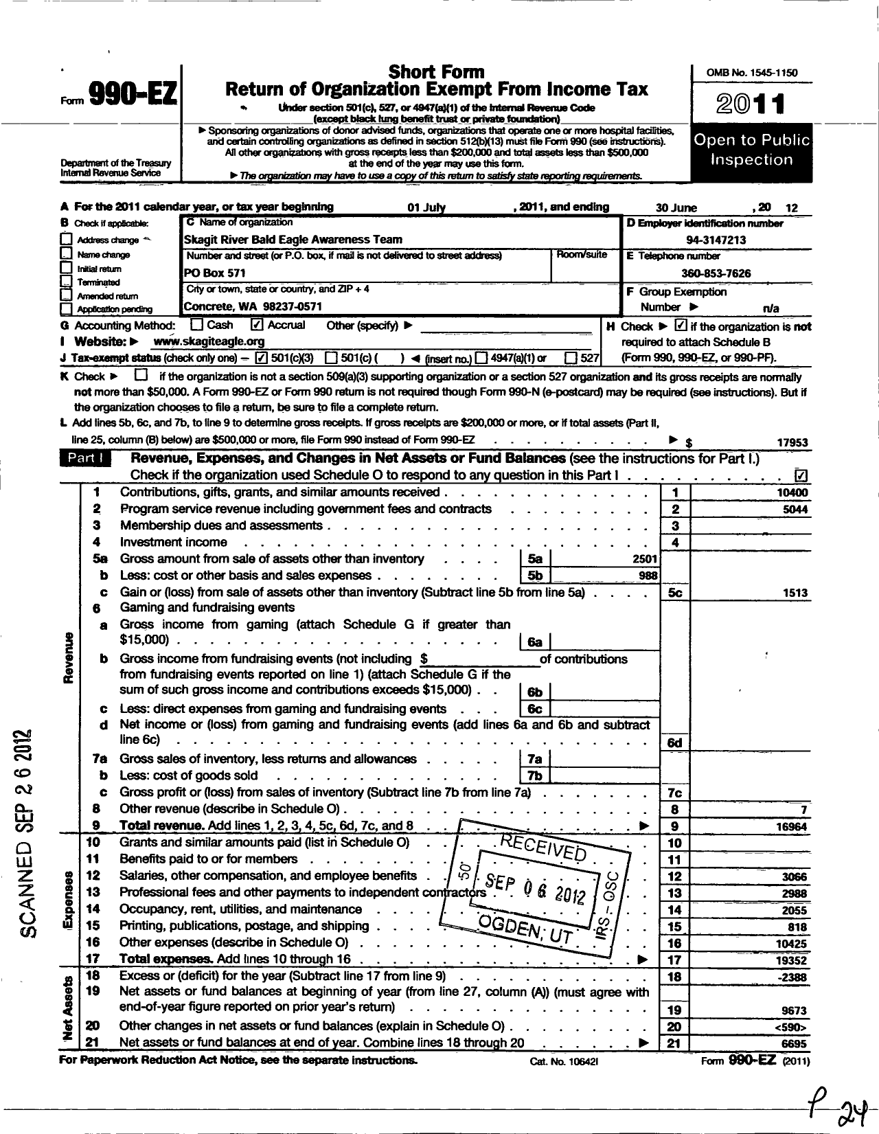 Image of first page of 2011 Form 990EZ for Skagit River Bald Eagle Awareness Team