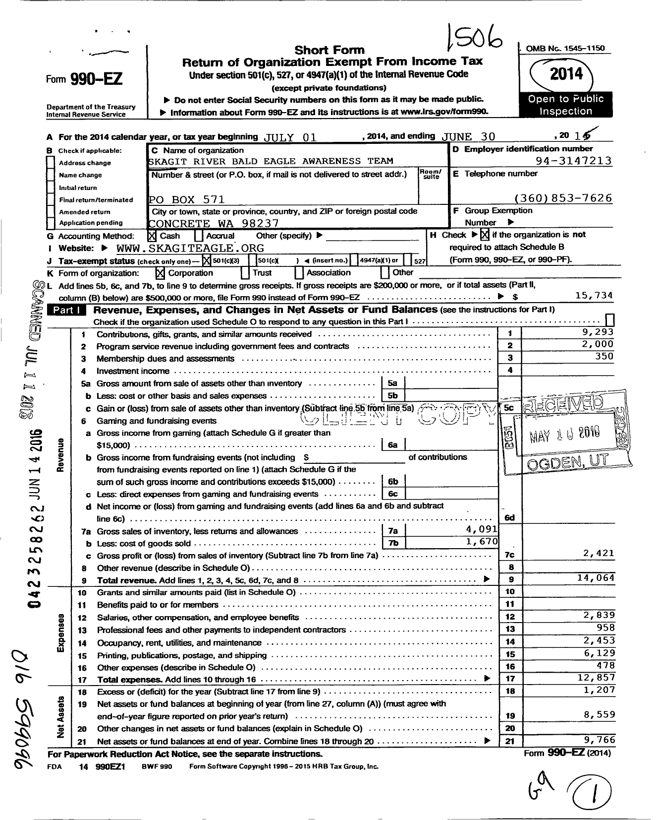 Image of first page of 2014 Form 990EZ for Skagit River Bald Eagle Awareness Team