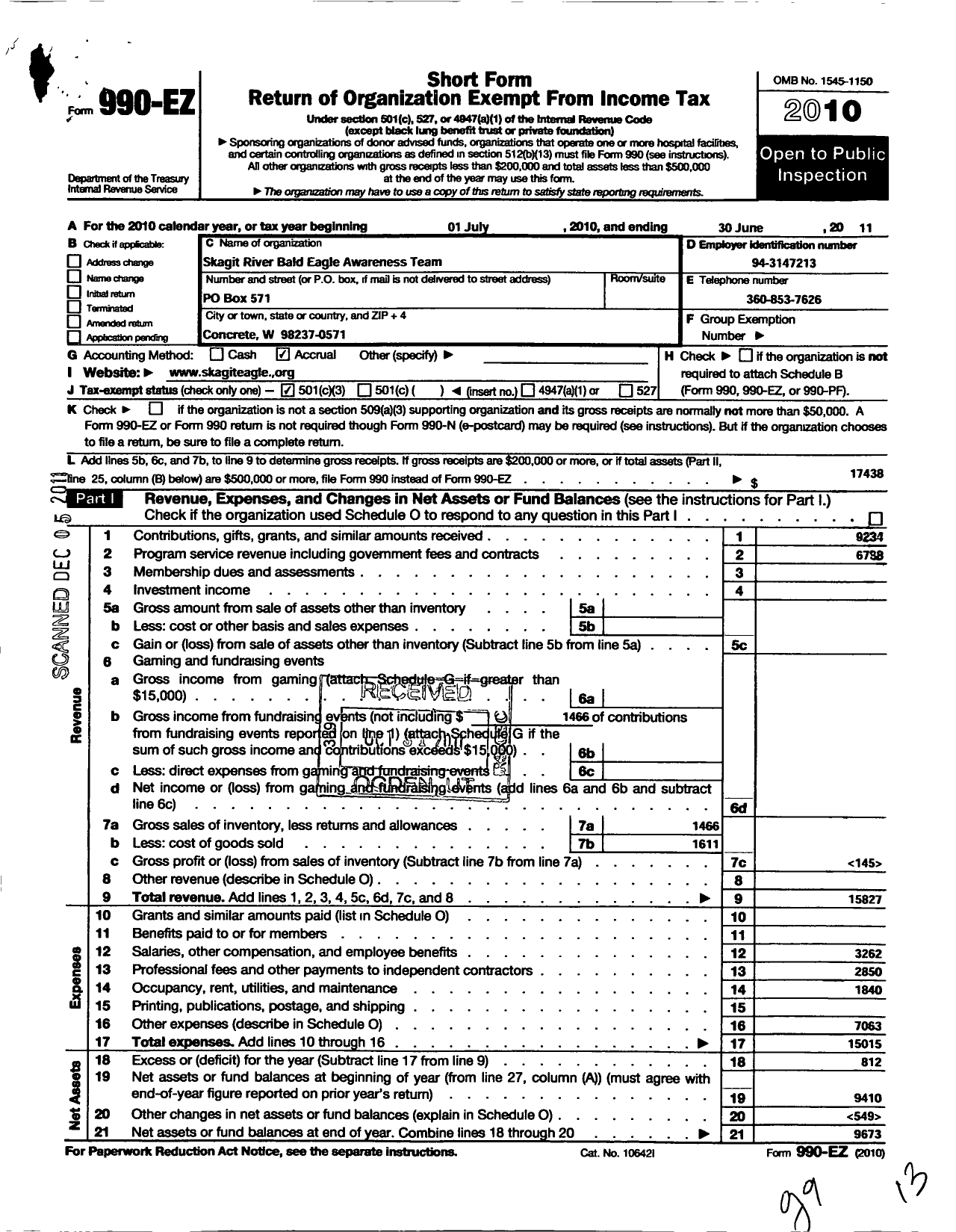 Image of first page of 2010 Form 990EZ for Skagit River Bald Eagle Awareness Team