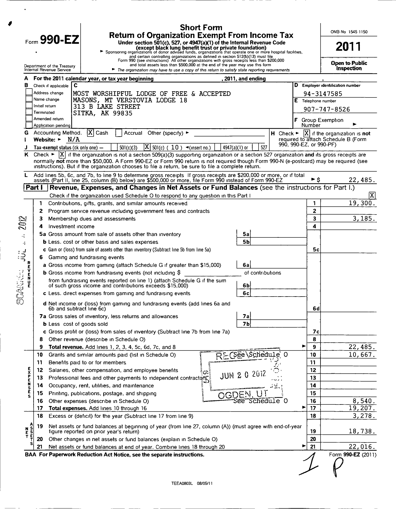 Image of first page of 2011 Form 990EO for MT Verstovia Lodge No 18 F&am of Alaska