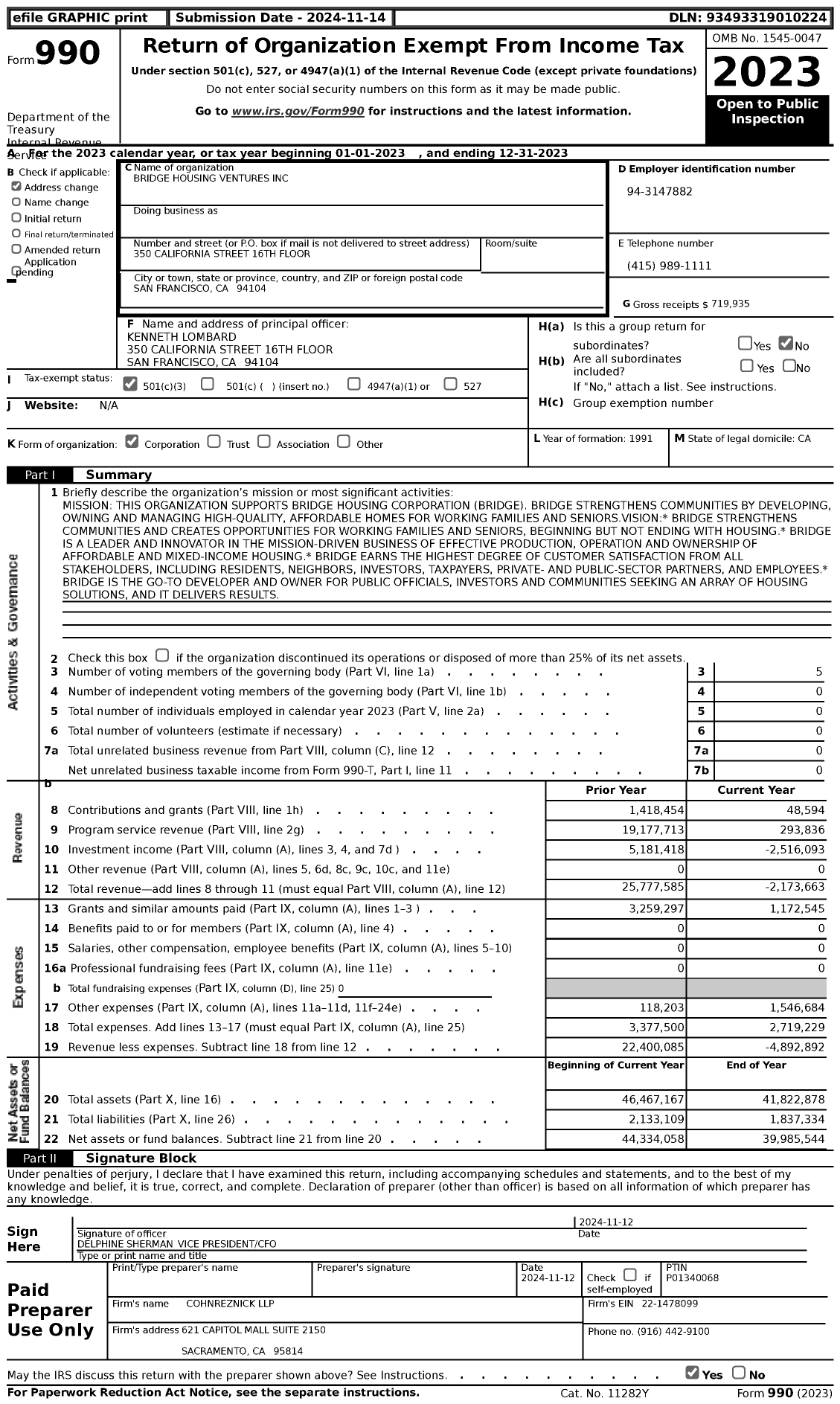 Image of first page of 2023 Form 990 for BRIDGE Housing Ventures