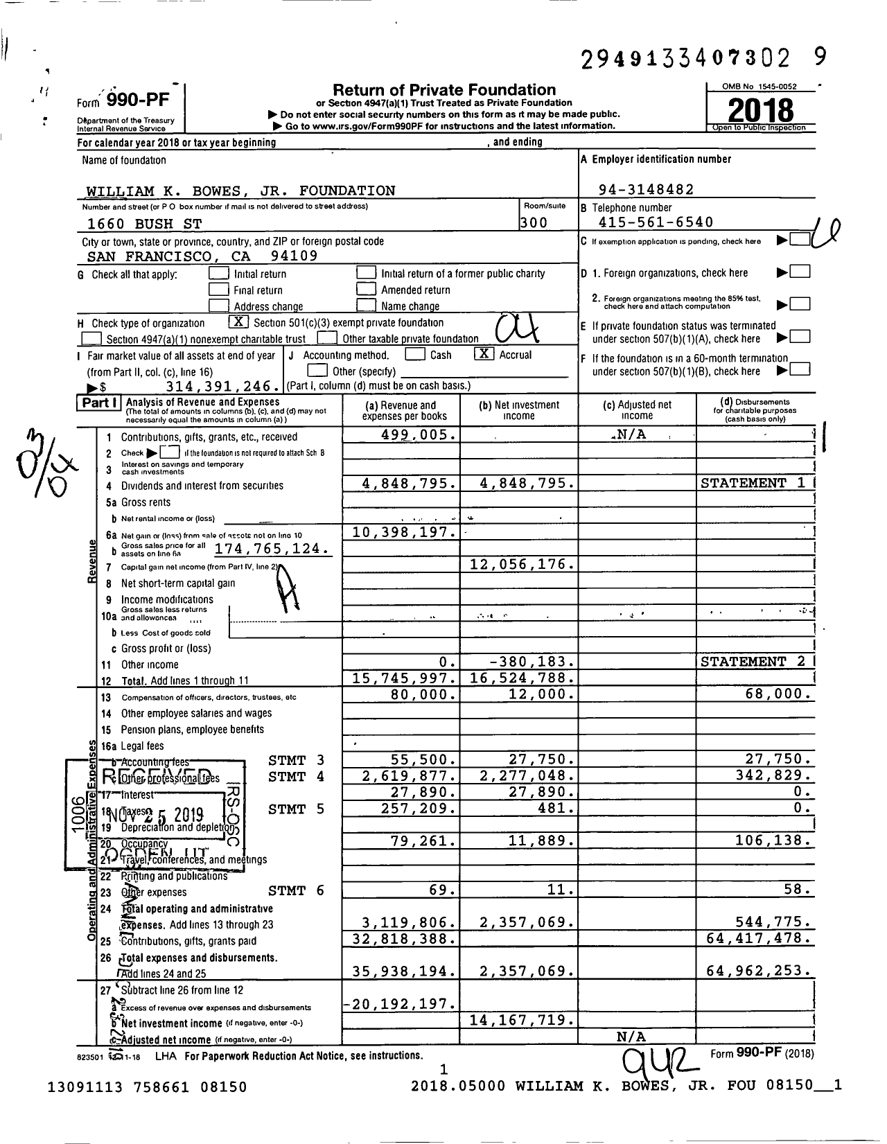 Image of first page of 2018 Form 990PF for William K. Bowes Jr. Foundation