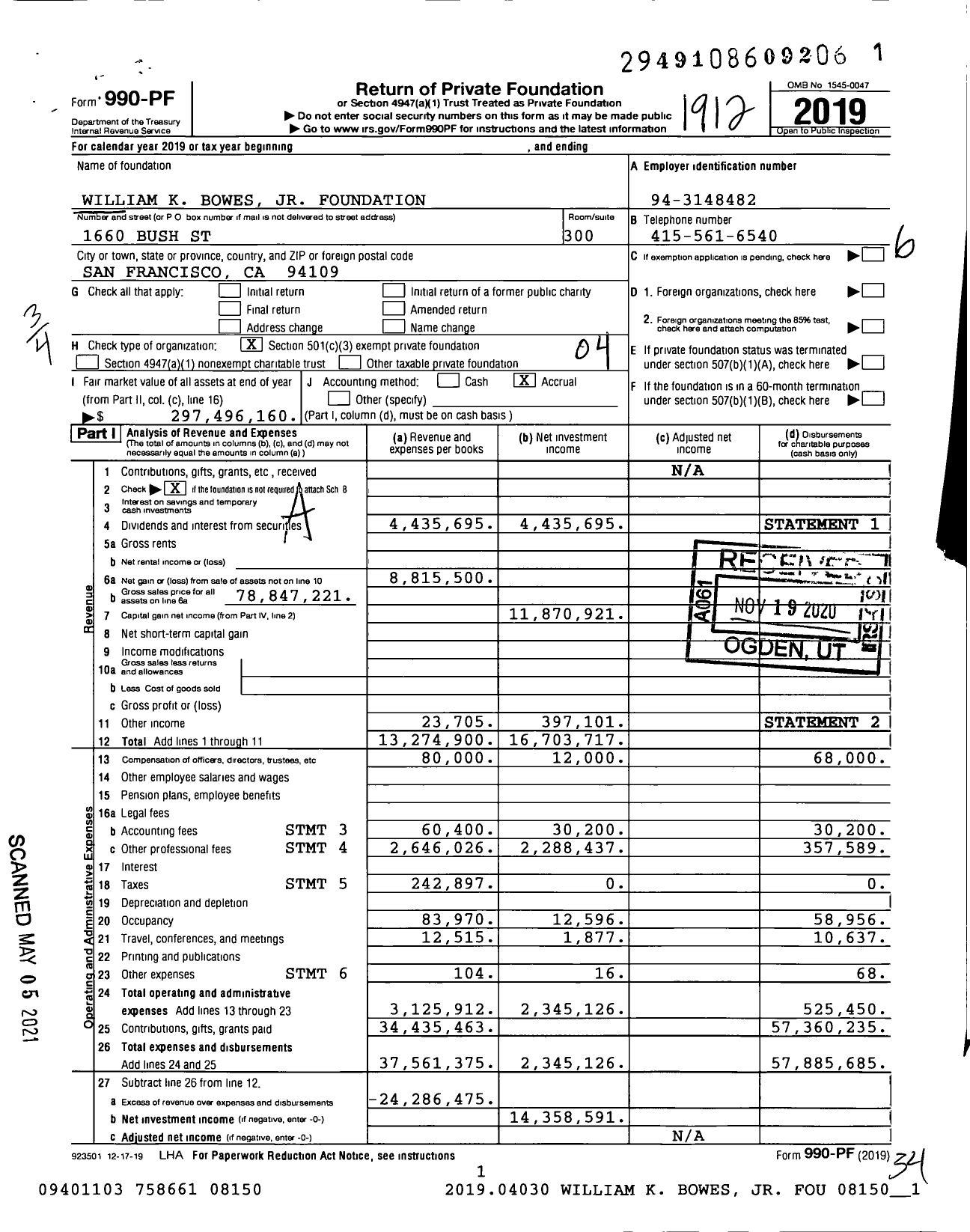 Image of first page of 2019 Form 990PF for William K. Bowes Jr. Foundation