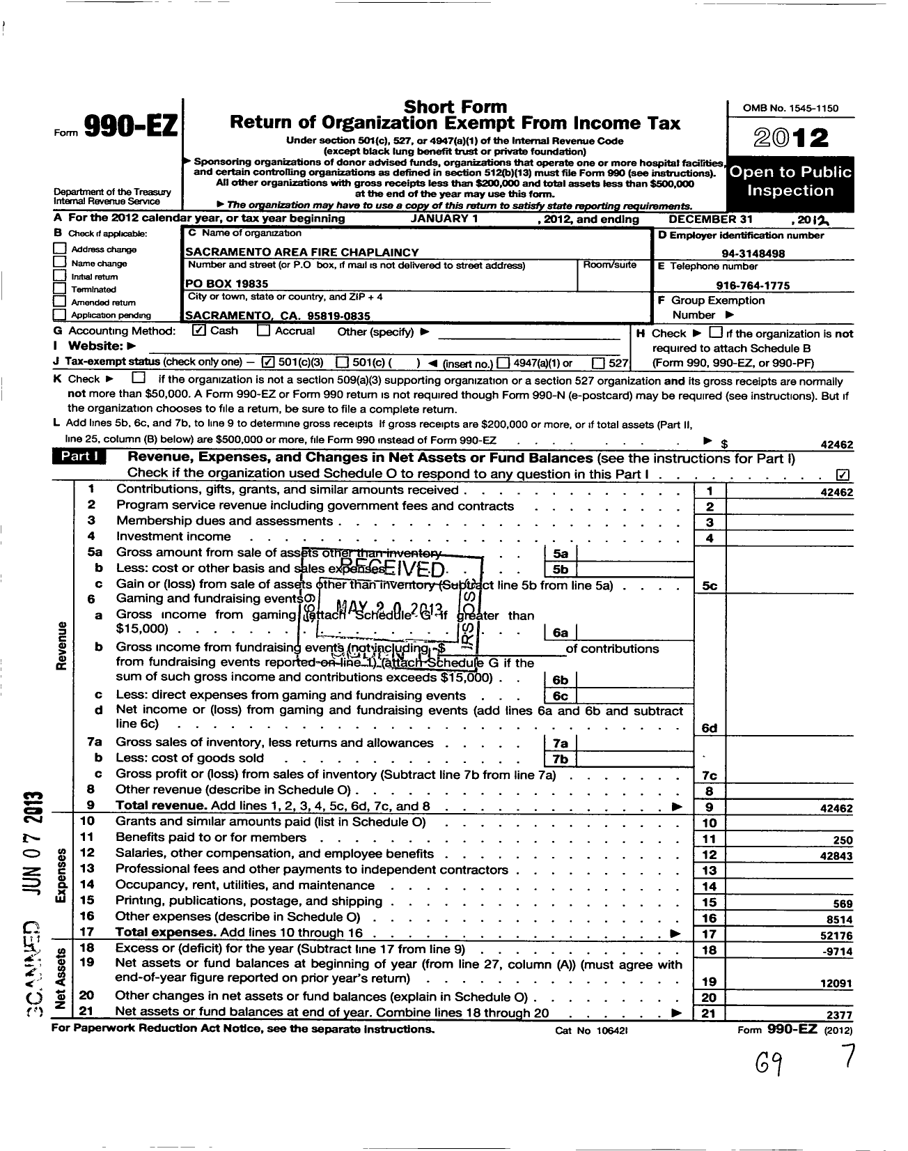 Image of first page of 2012 Form 990EZ for Sacramento Area Fire Chaplaincy