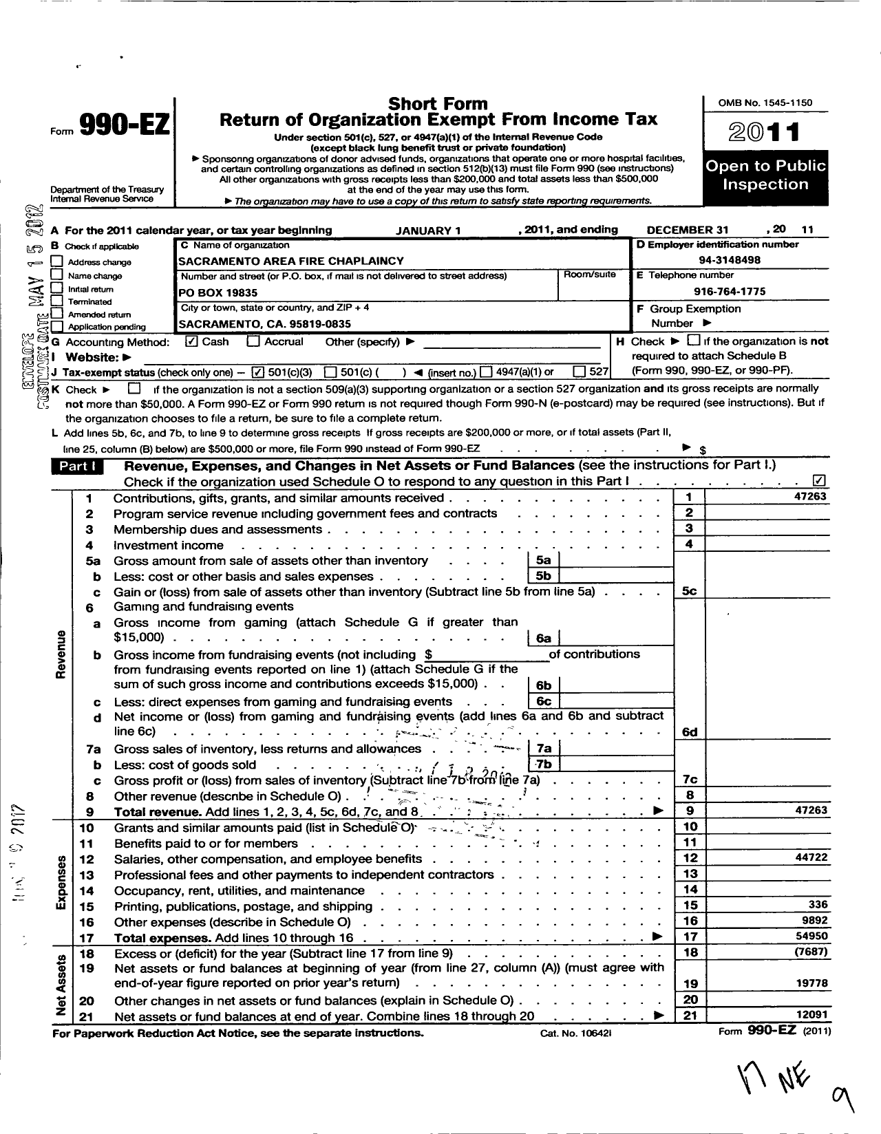 Image of first page of 2011 Form 990EZ for Sacramento Area Fire Chaplaincy