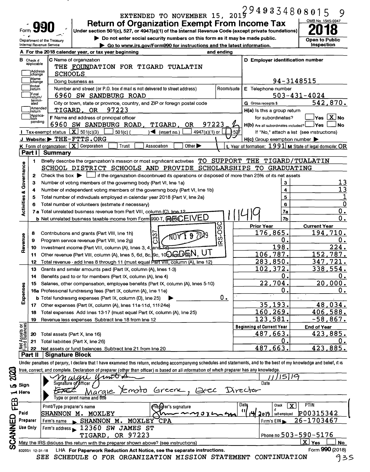 Image of first page of 2018 Form 990 for The Foundation for Tigard Tualatin Schools