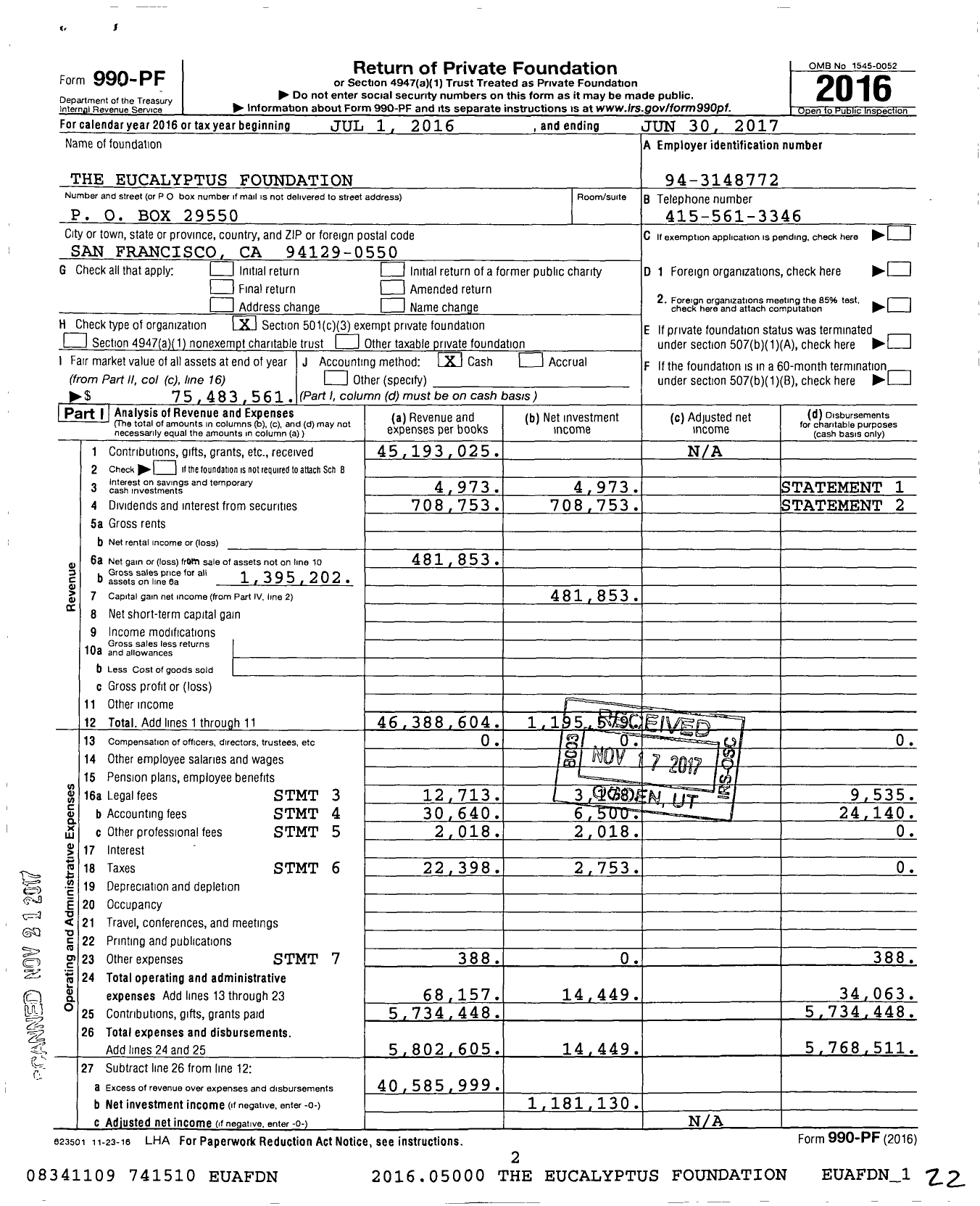 Image of first page of 2016 Form 990PF for The Eucalyptus Foundation