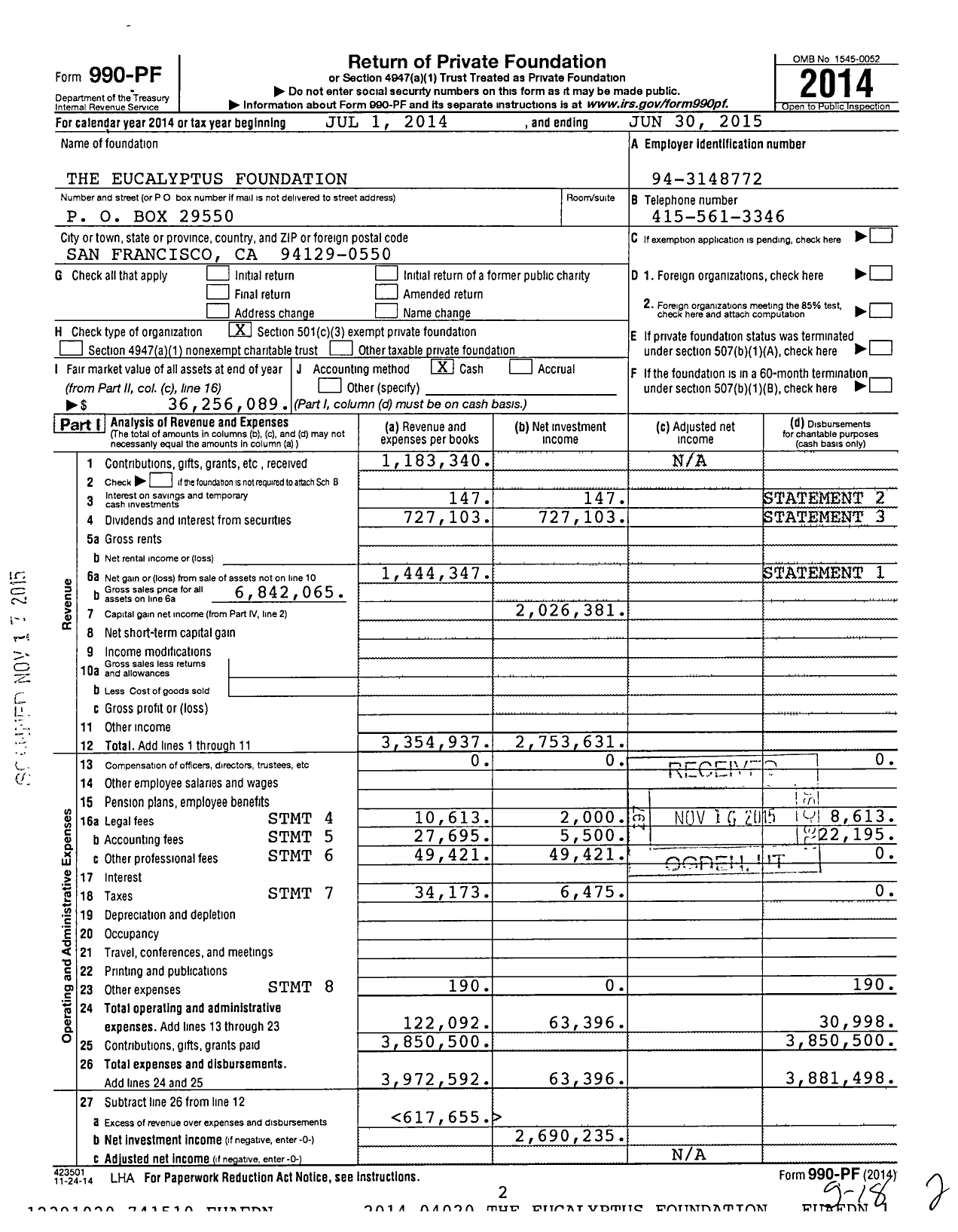 Image of first page of 2014 Form 990PF for The Eucalyptus Foundation